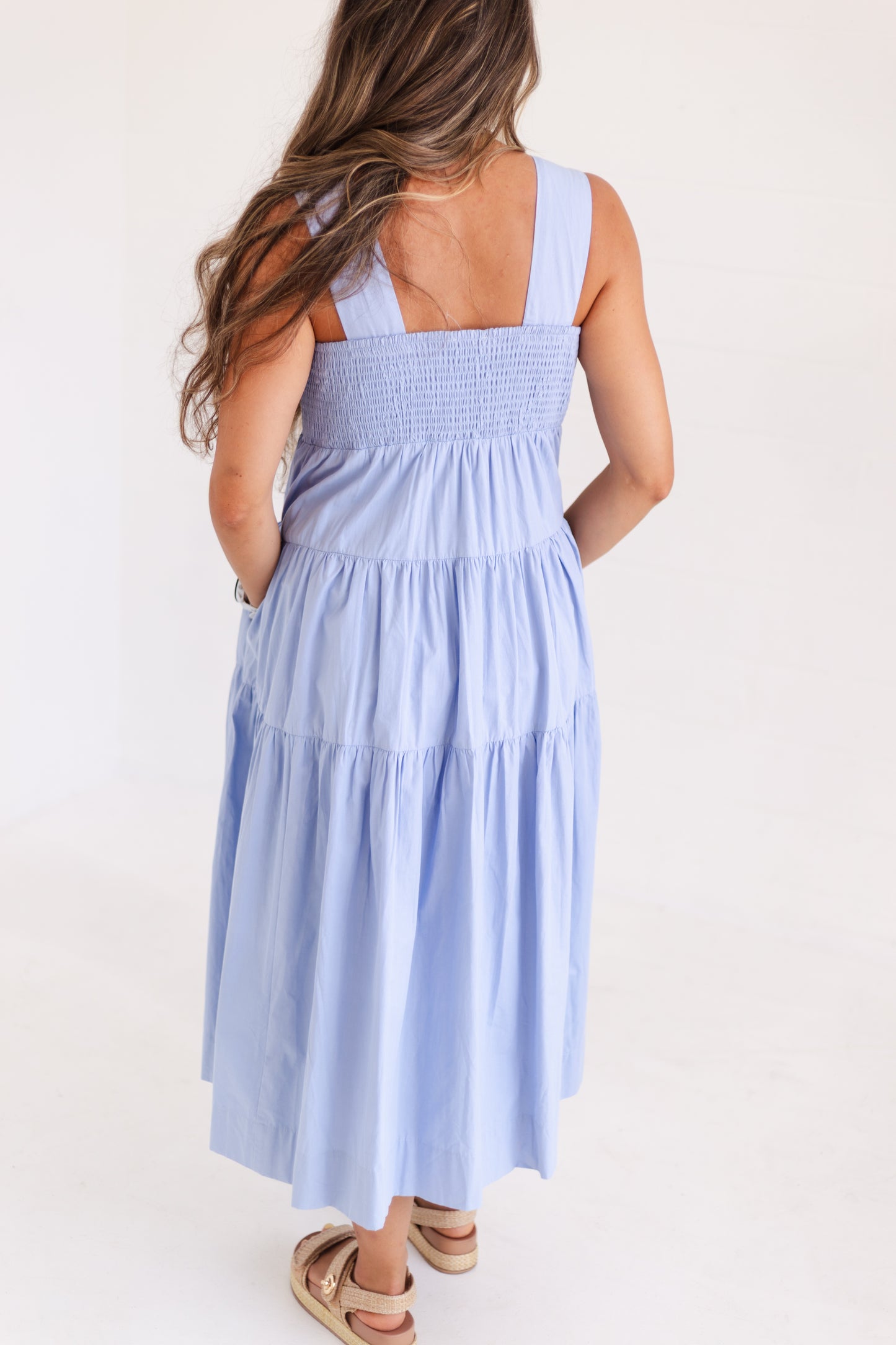 Cloud White Embrodiered Tiered Midi Dress