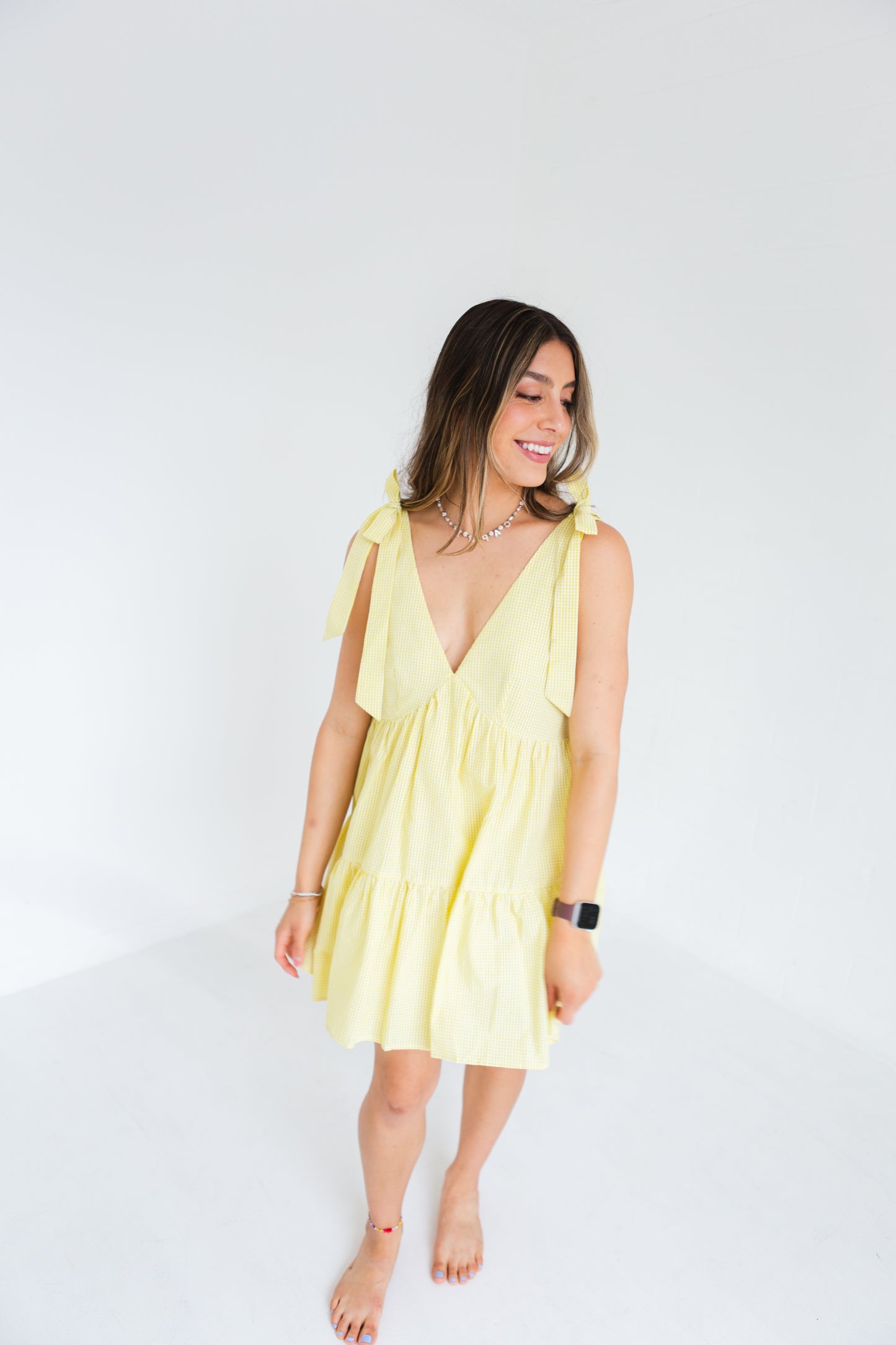 Yellow & White Gingham Tie Shoulder Strap Tiered Gingham Mini Dress