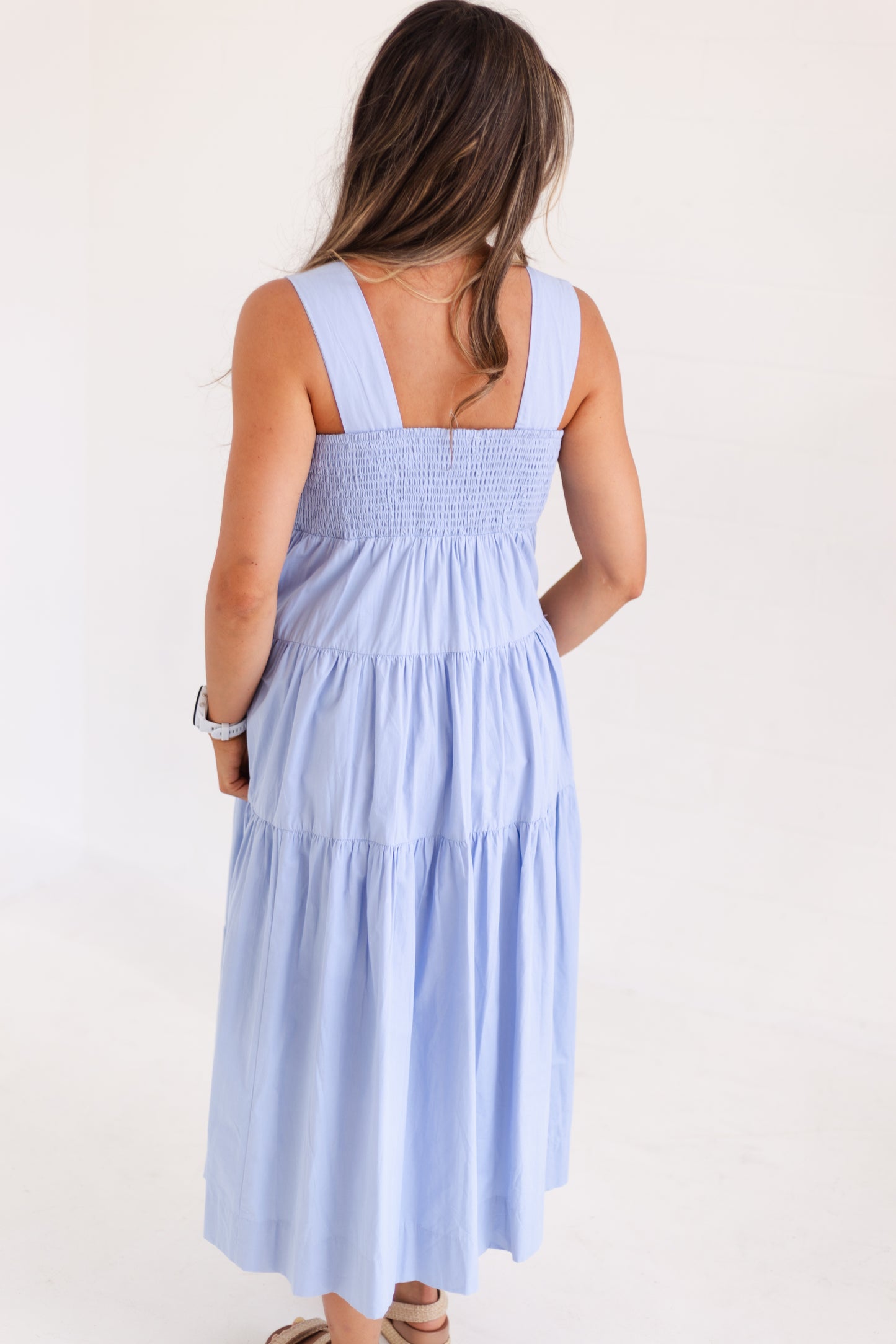 Cloud White Embrodiered Tiered Midi Dress