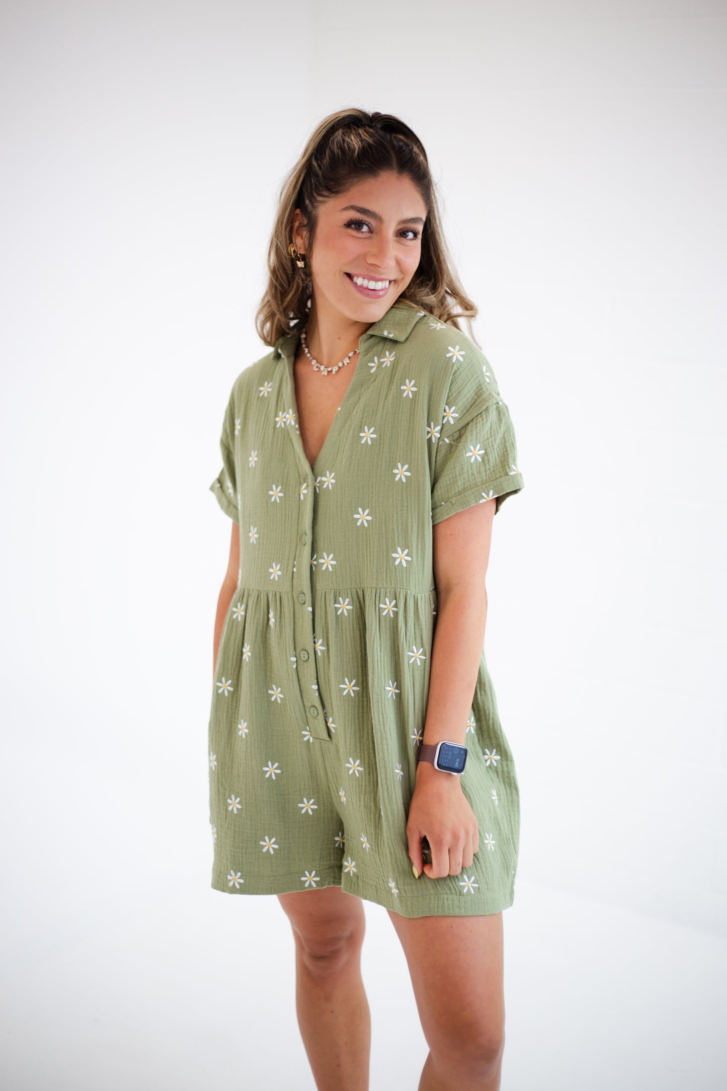 Olive Button Up Floral Romper