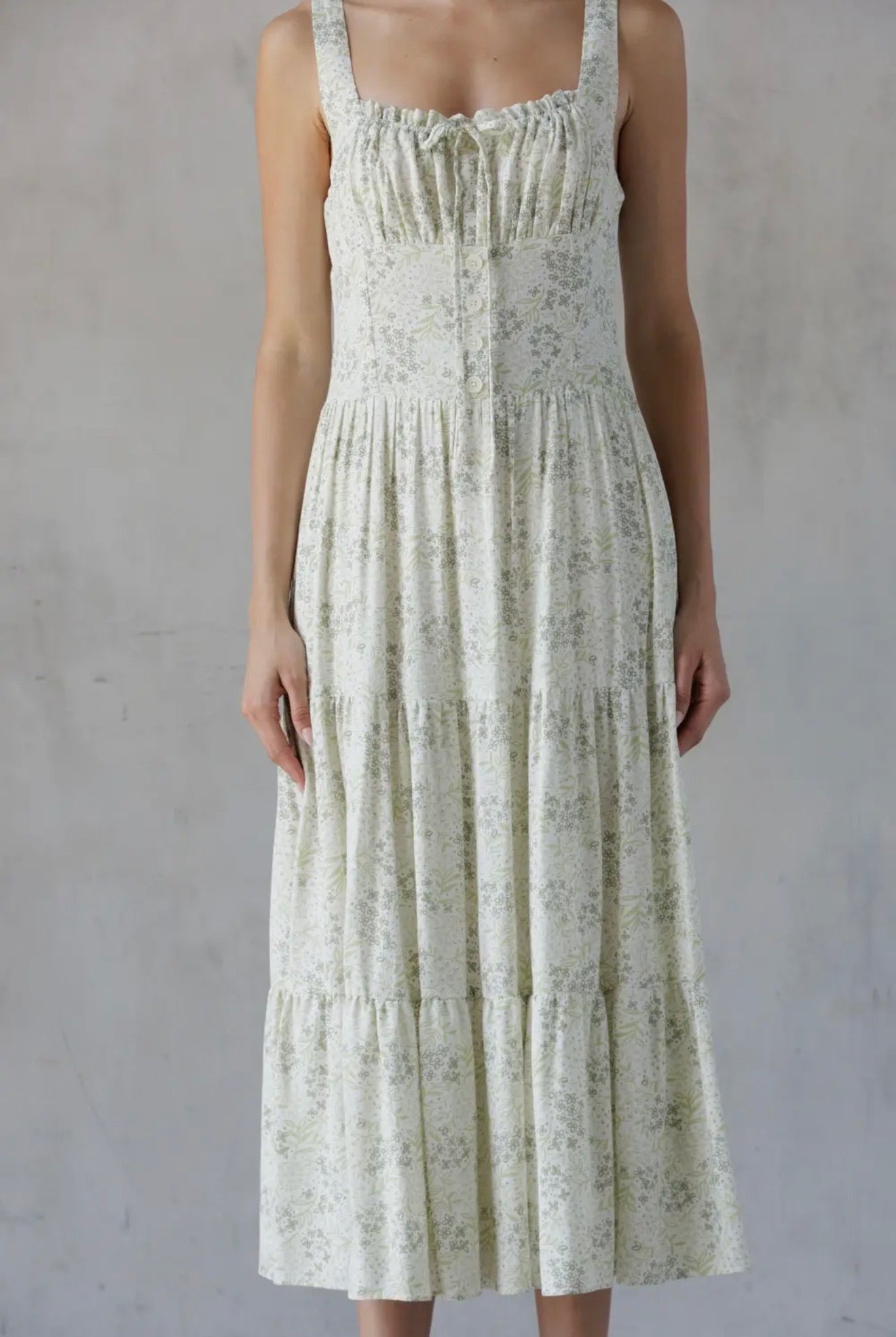 Ivory Green Floral Midi Dress