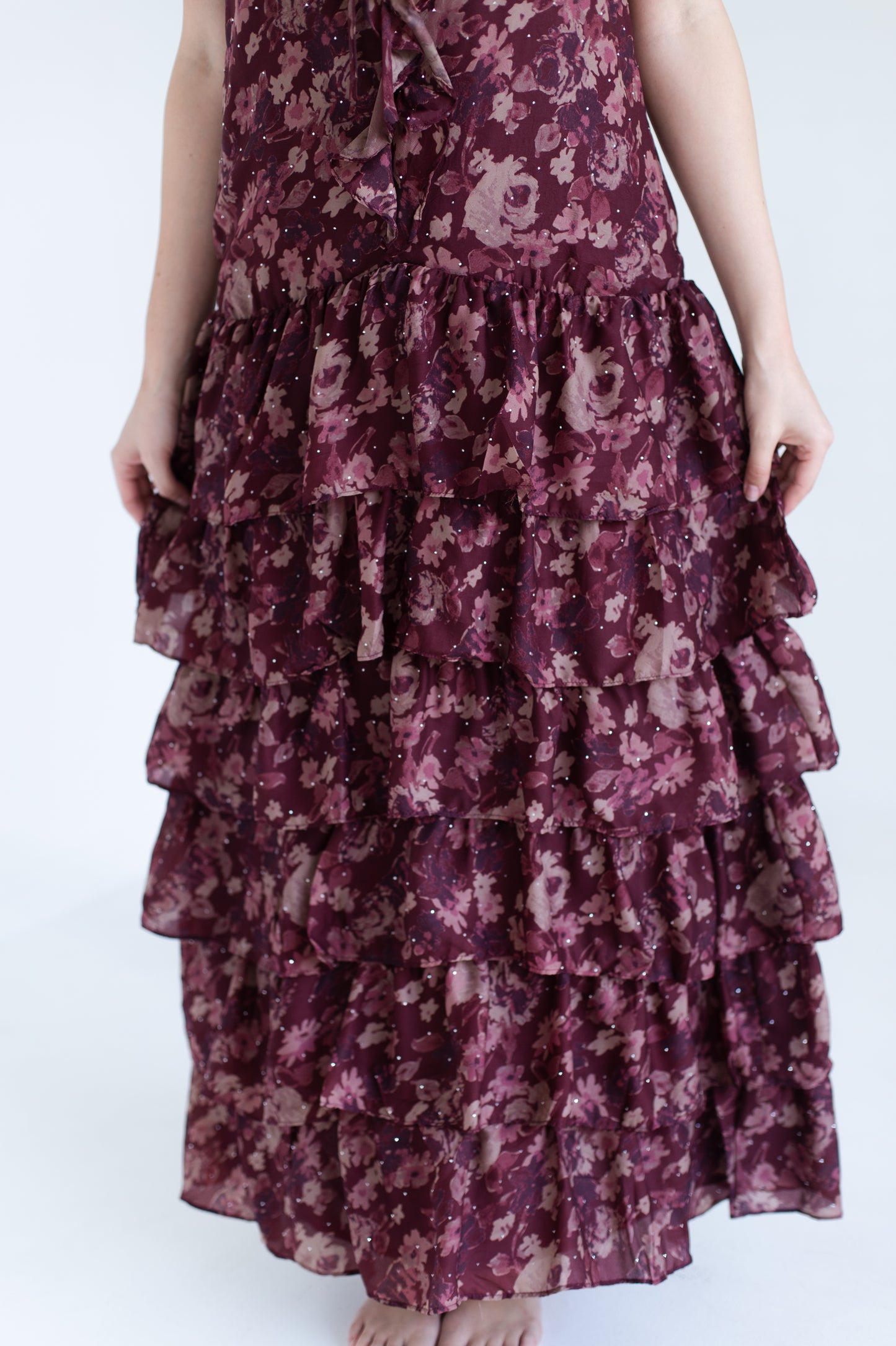 Wine Floral Print Ruffle Tiered Maxi