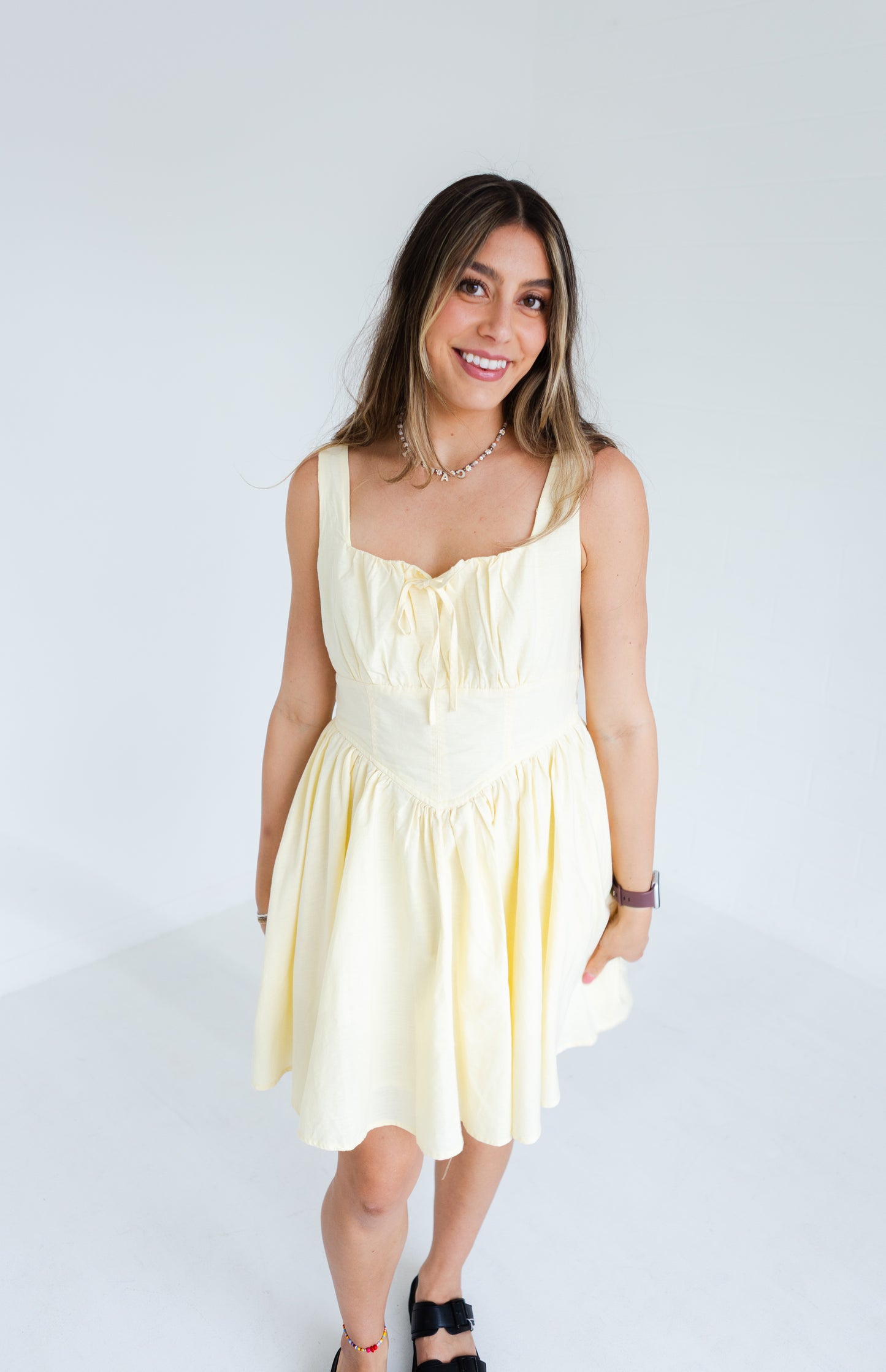 Lemon Water Linen Blend Drop Waist Skater Dress