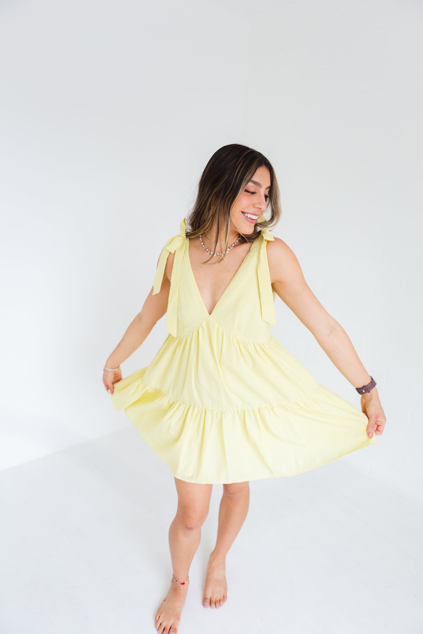 Yellow & White Gingham Tie Shoulder Strap Tiered Gingham Mini Dress
