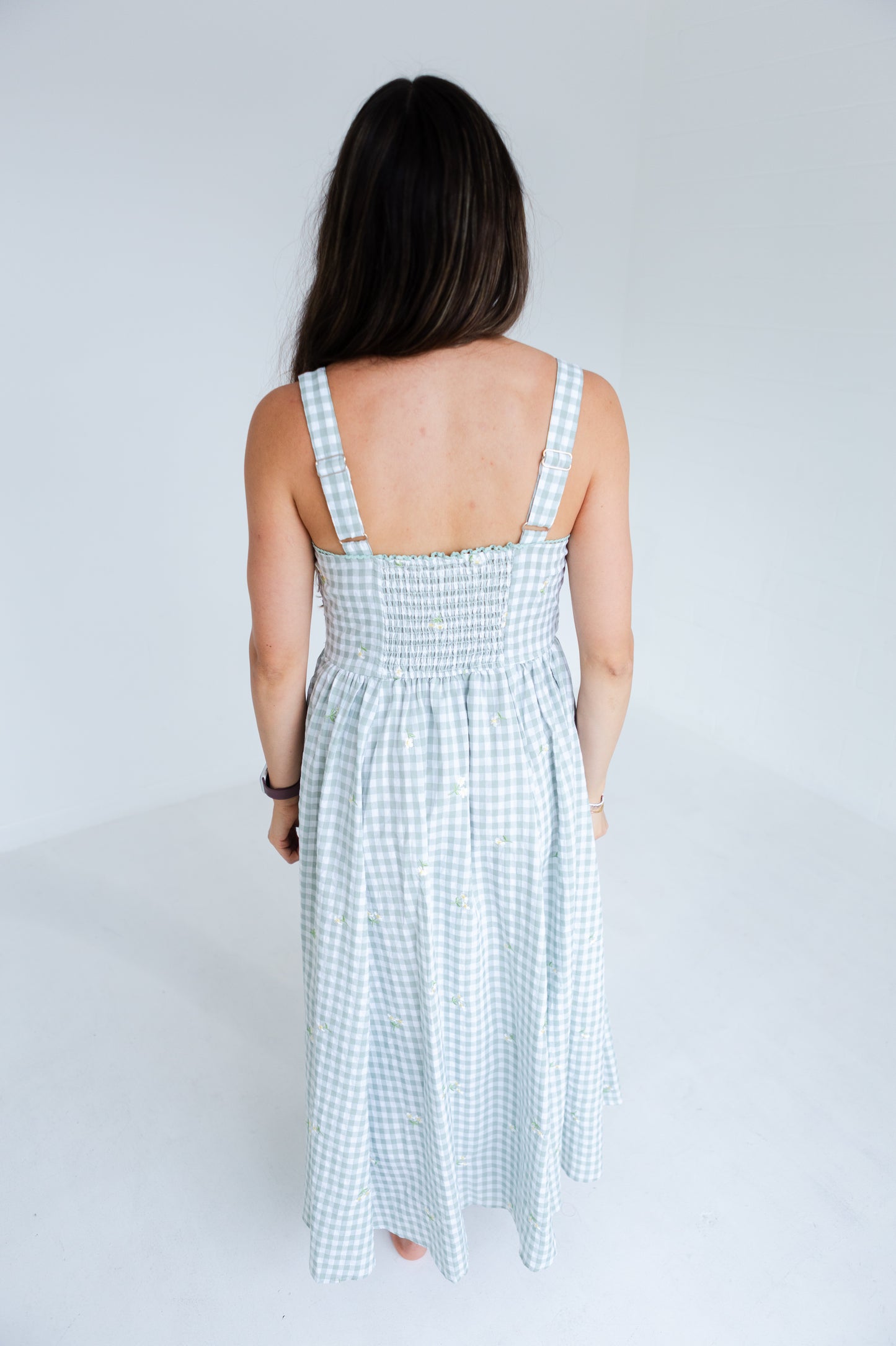 Green Gingham Floral Embroidered Midi Dress