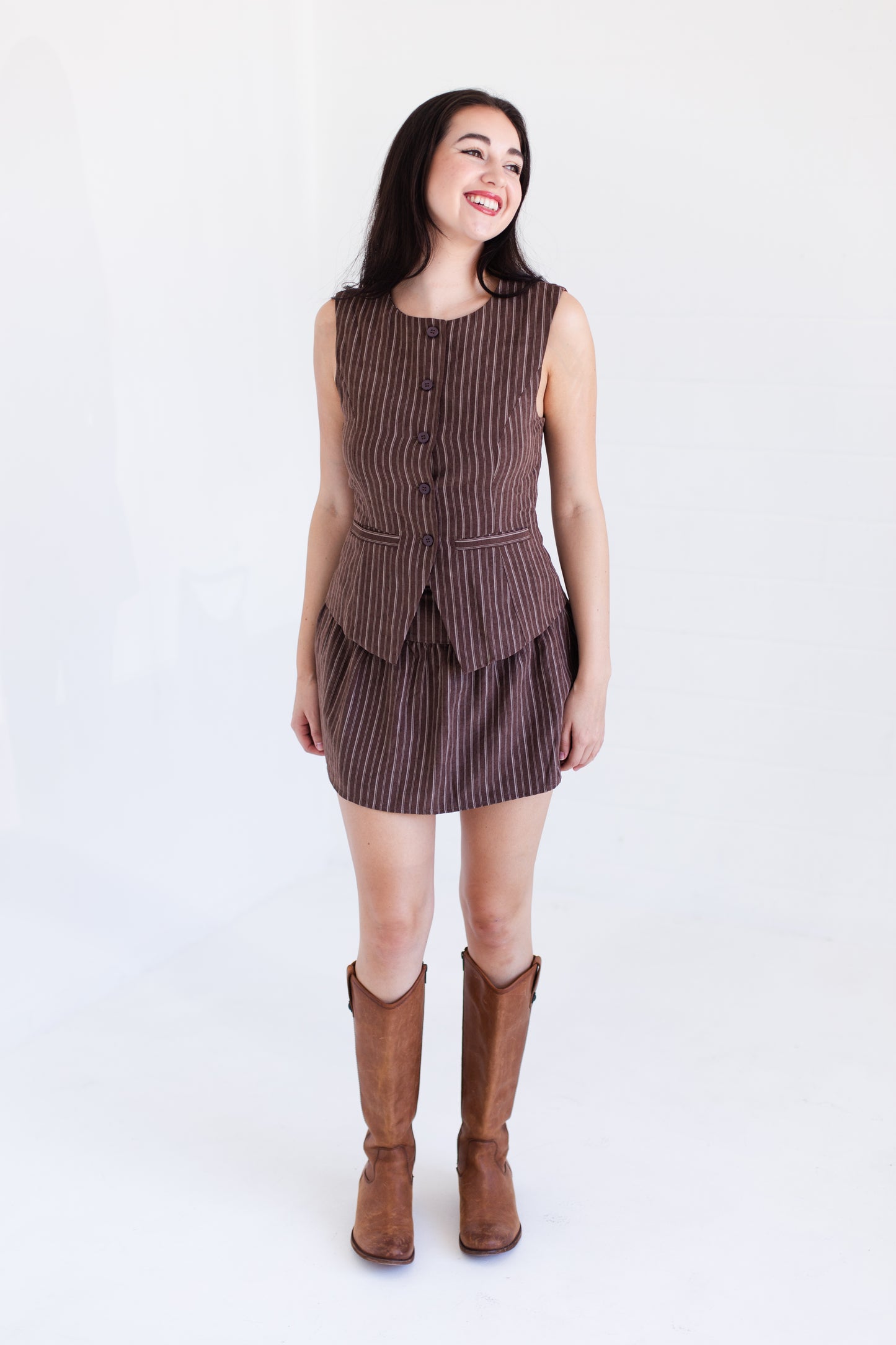 Brown Stripe Round Neck Vest With Mini Skirt Set