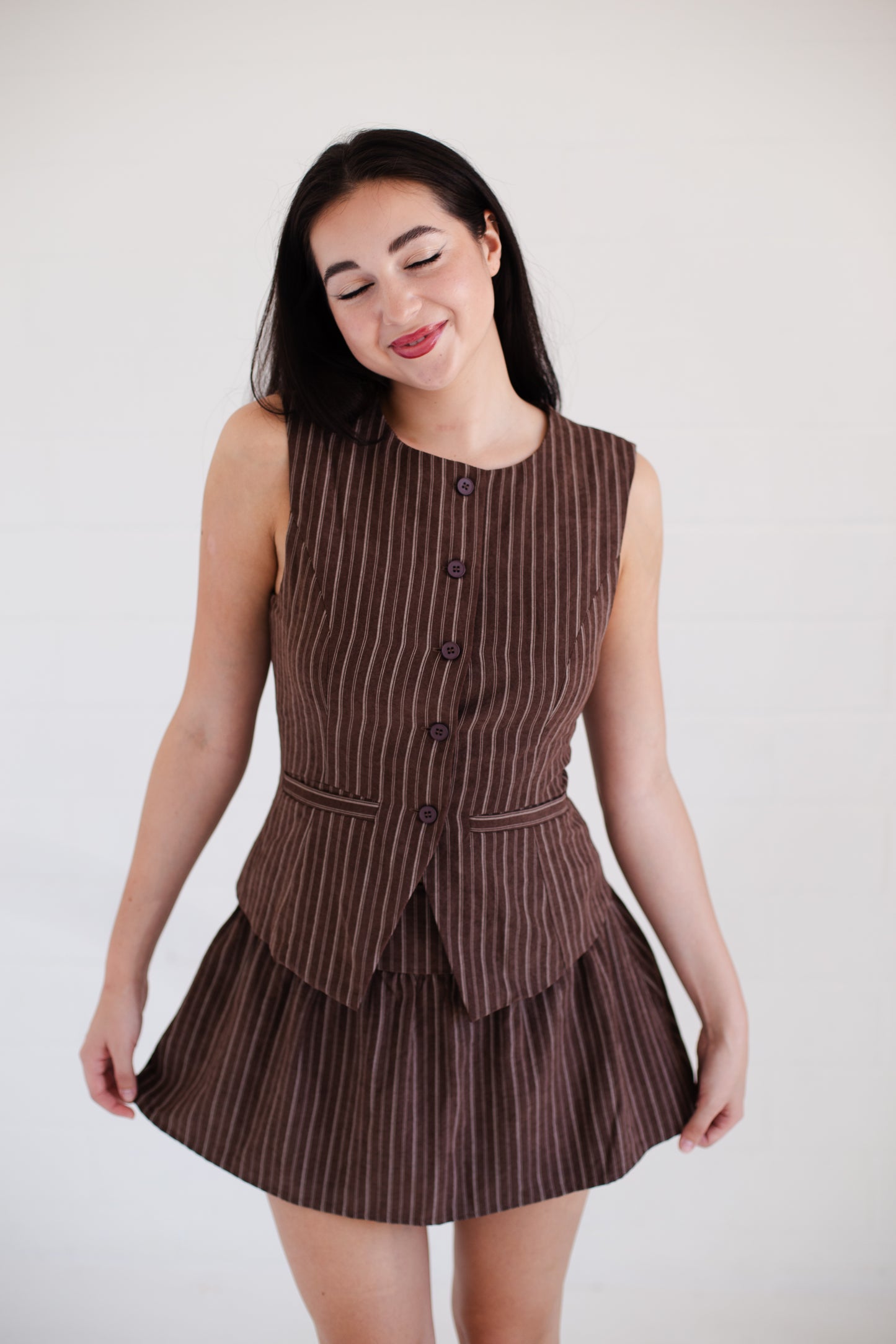 Brown Stripe Round Neck Vest With Mini Skirt Set