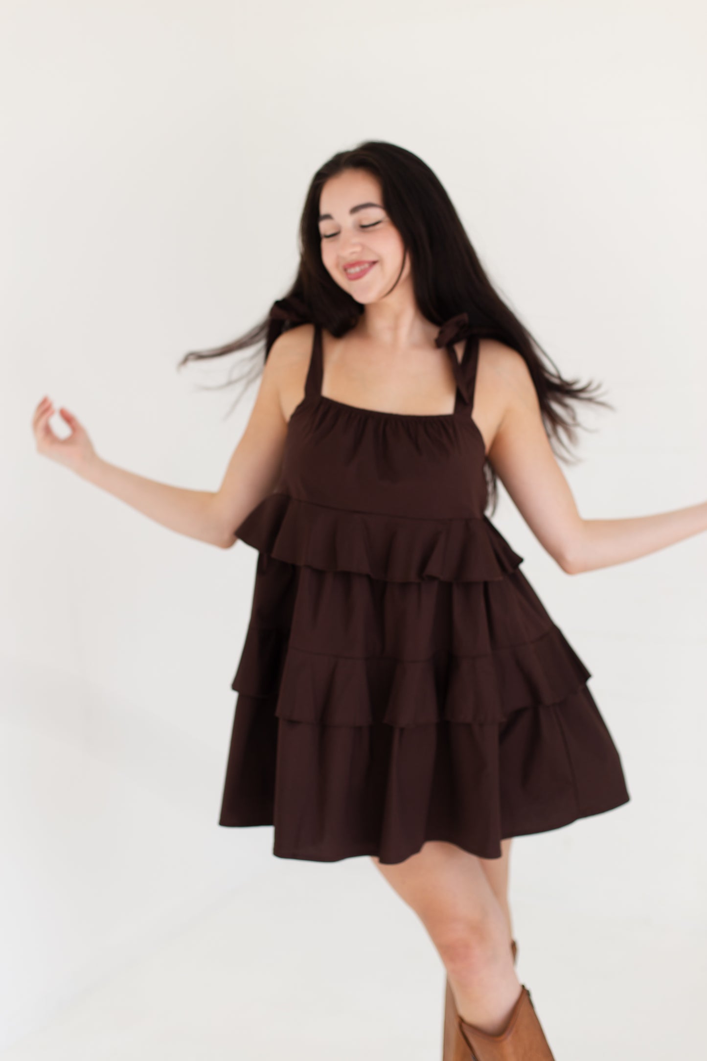 Dark Brown Ruffle Detail Flowing Sleeveless Mini Dress