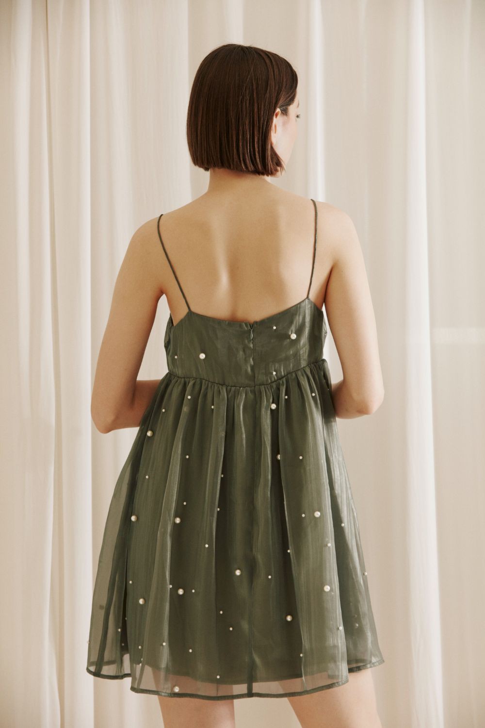 Olive Mini Dress with Pearl Details