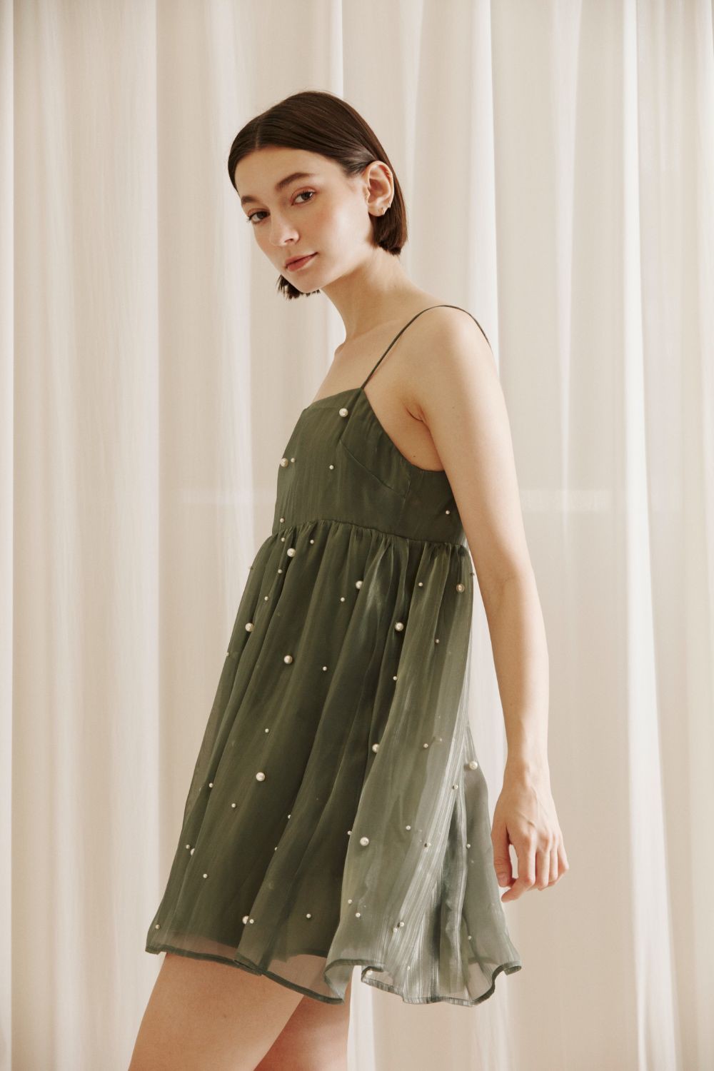 Olive Mini Dress with Pearl Details