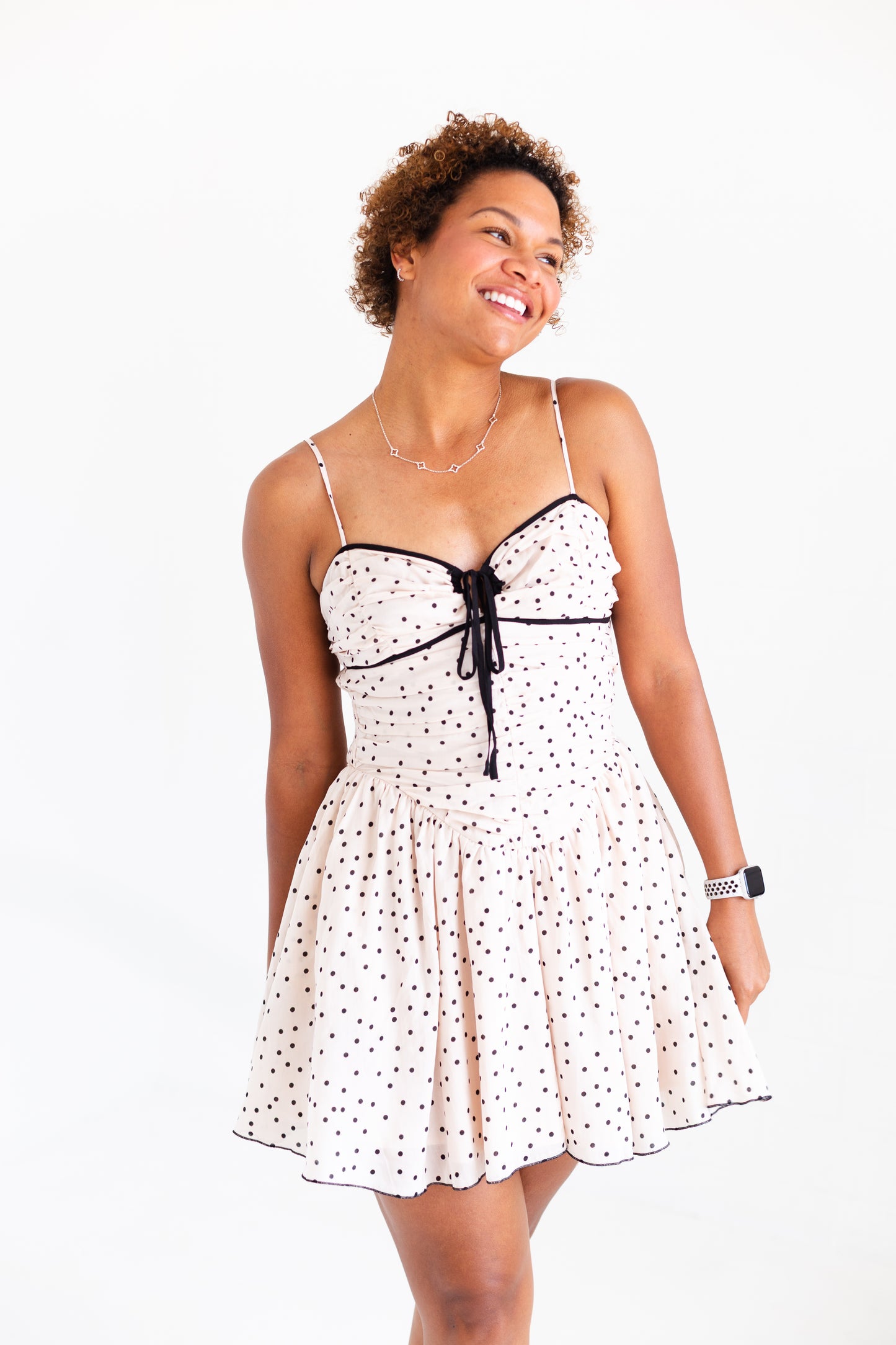 Beige Contrast Dot Smocked Mini Dress with Tie Front