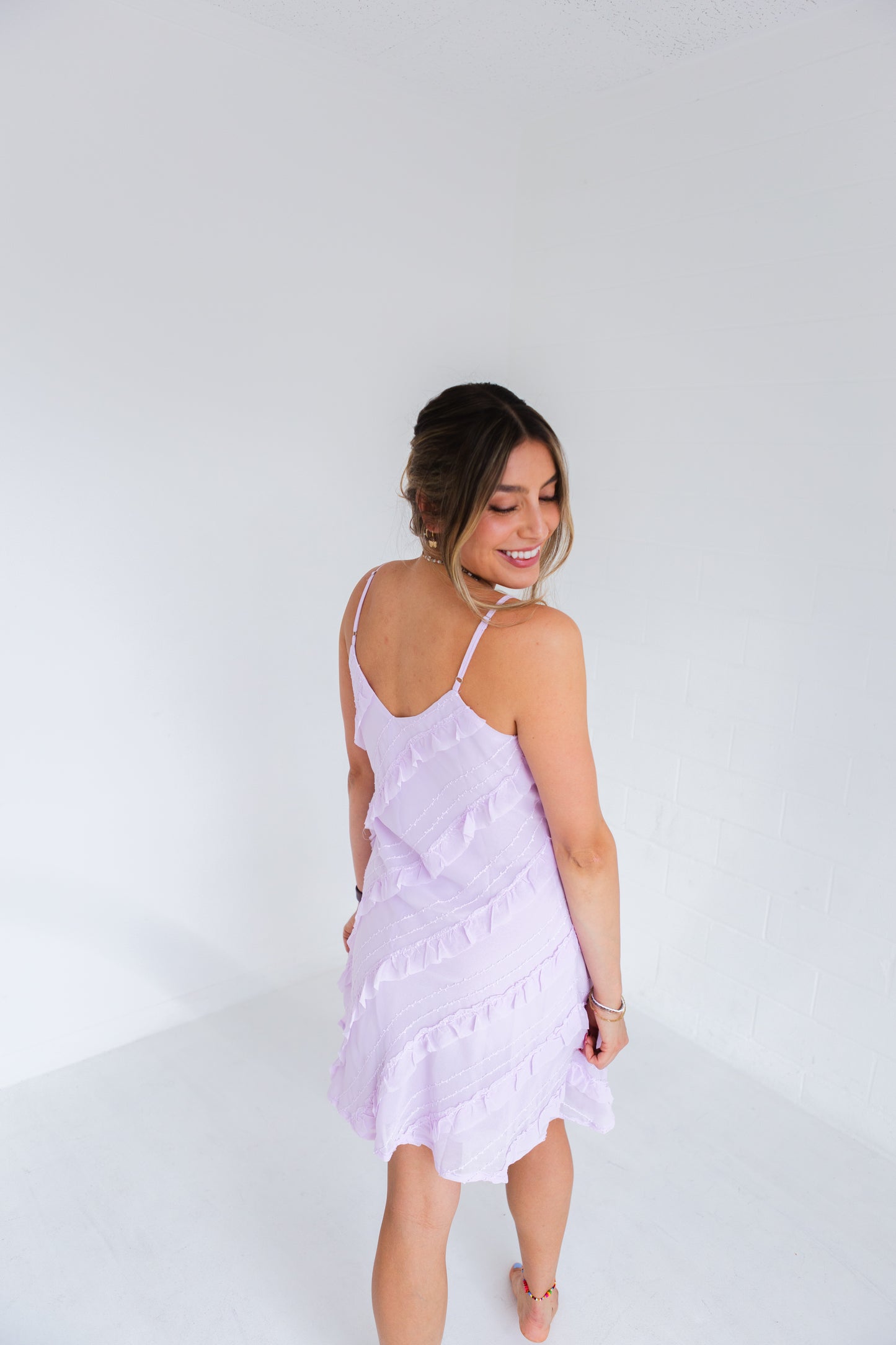 Pale Lilac Textured Bias Cut Ruffled Mini Dress
