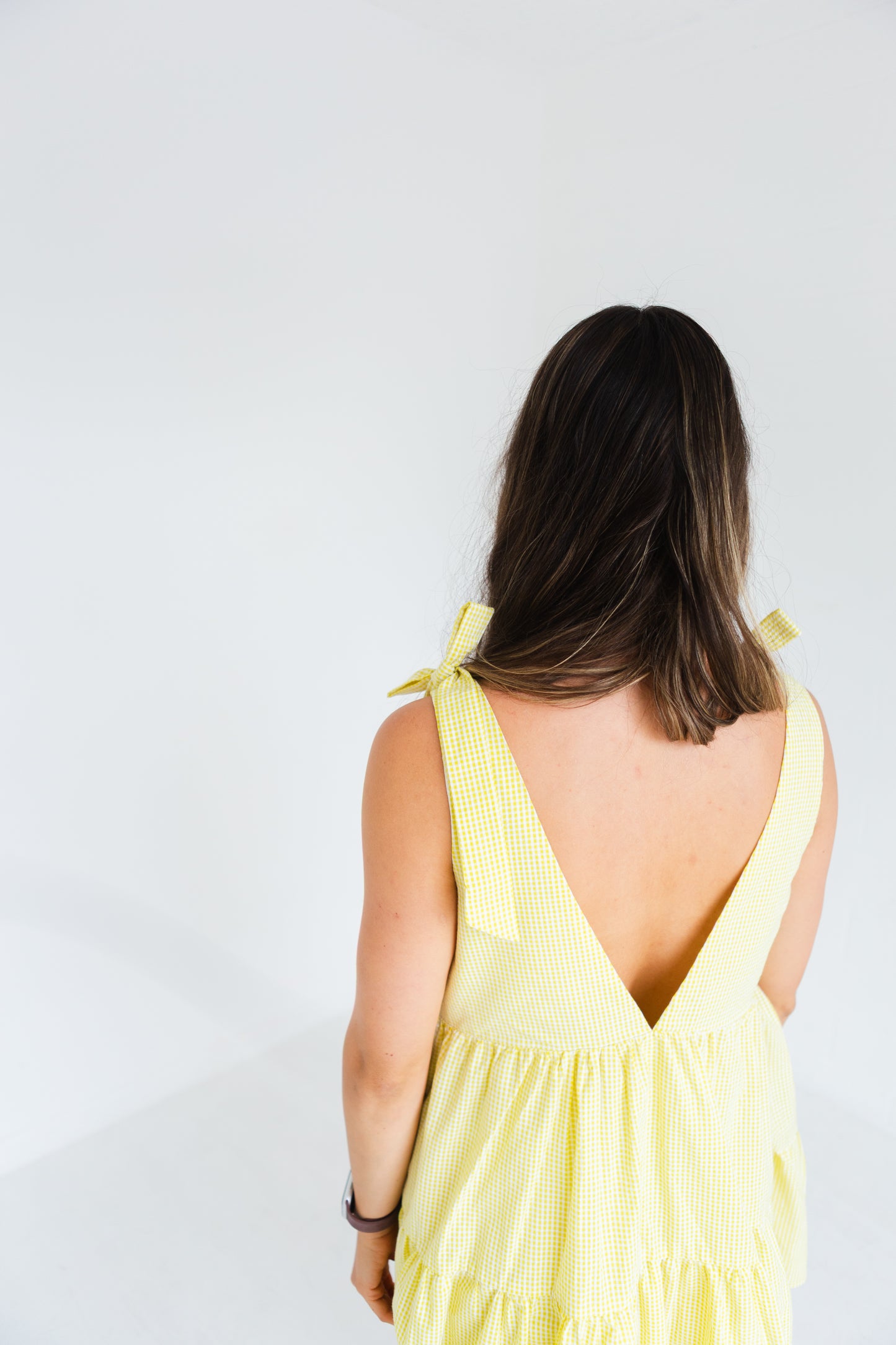 Yellow & White Gingham Tie Shoulder Strap Tiered Gingham Mini Dress