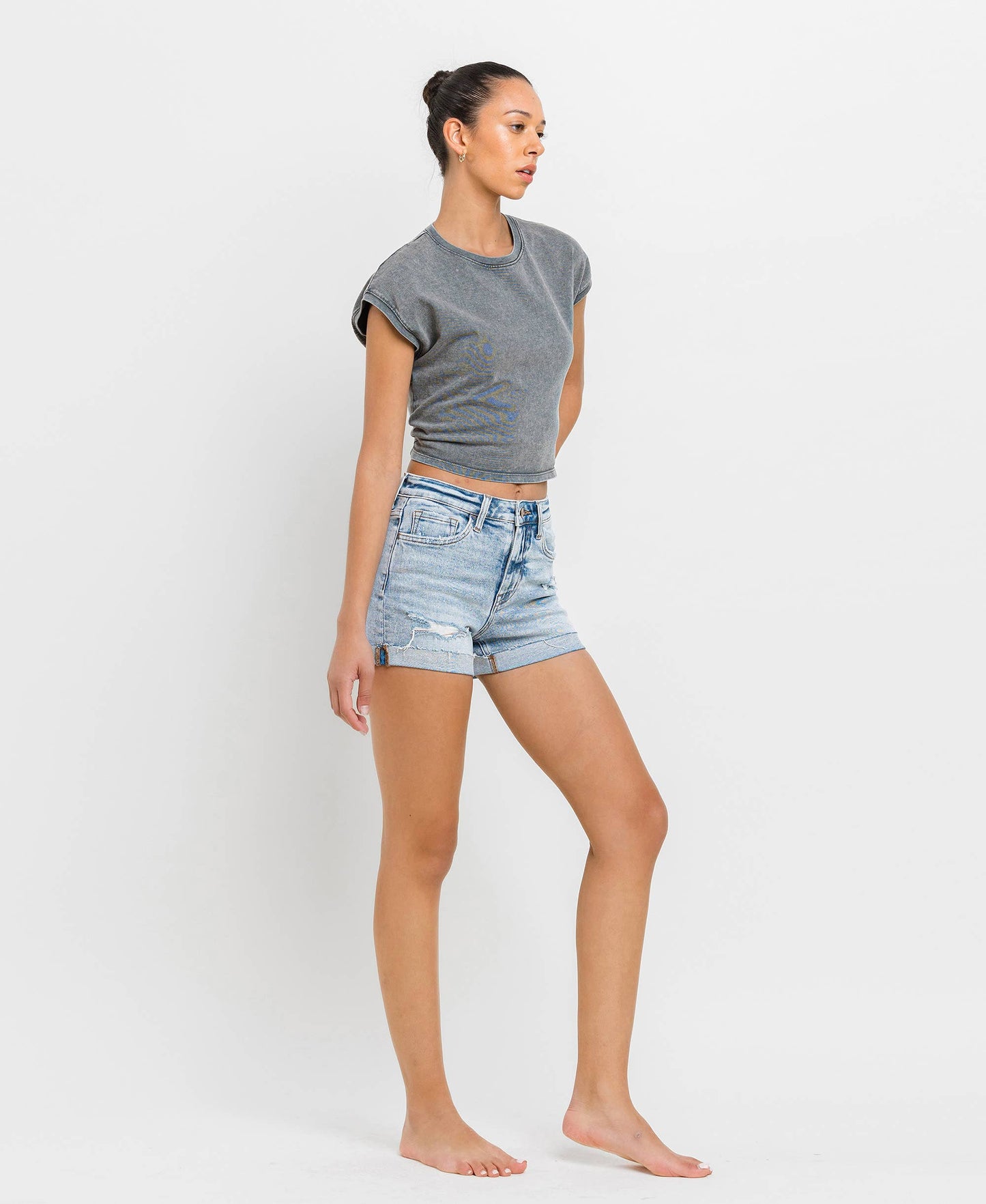 High Rise Single Cuff Denim Shorts