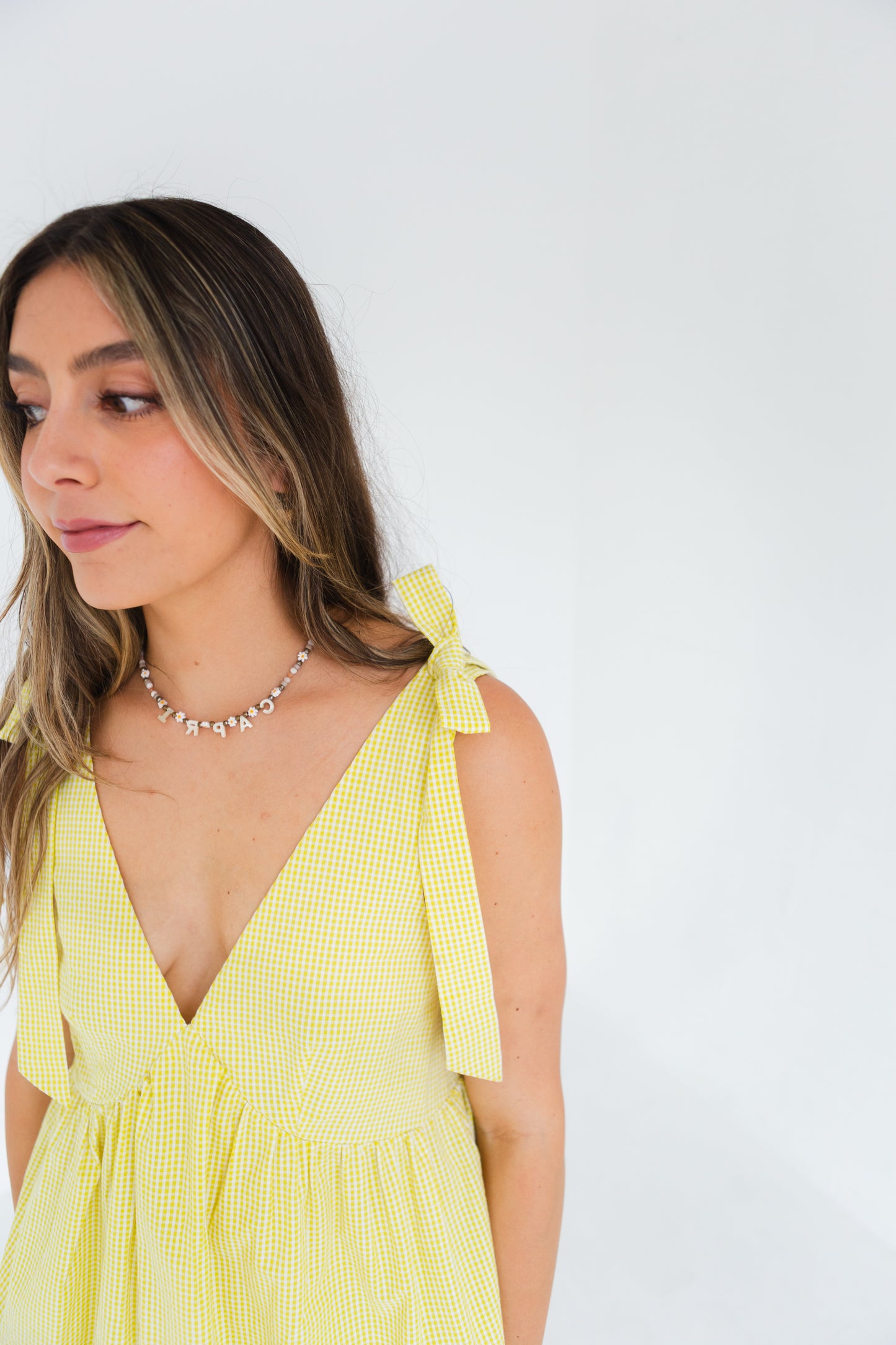 Yellow & White Gingham Tie Shoulder Strap Tiered Gingham Mini Dress