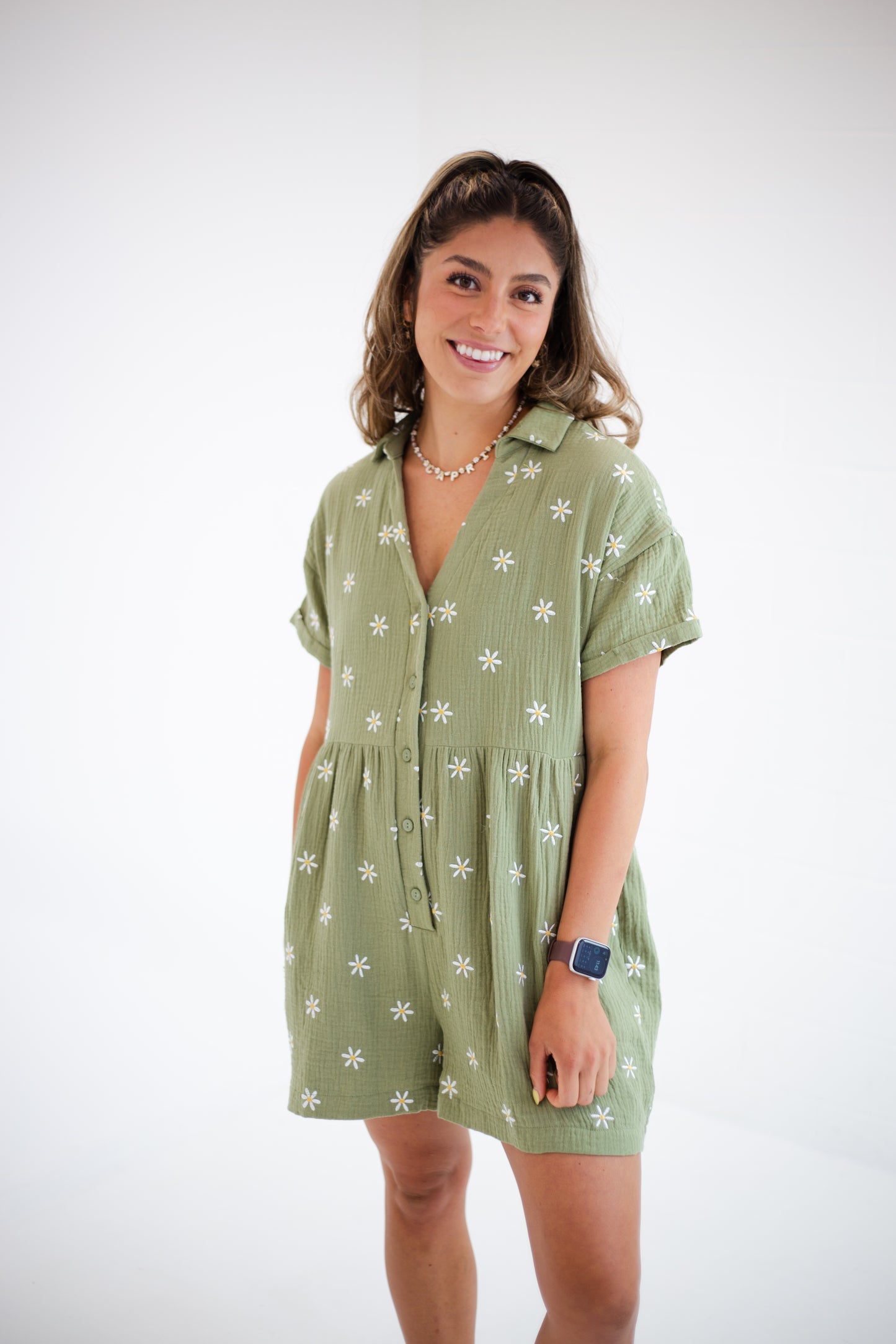 Olive Button Up Floral Romper