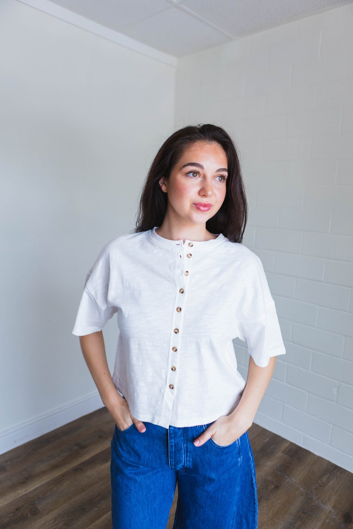 White Button Down Round Neck Half Sleeve Top