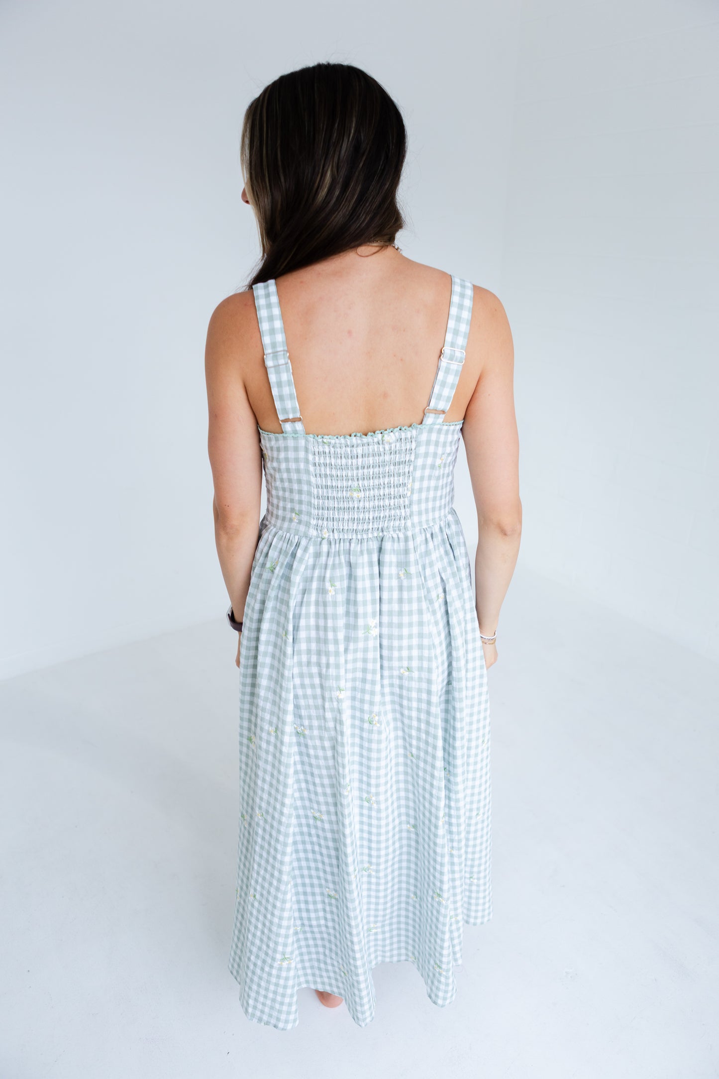 Green Gingham Floral Embroidered Midi Dress