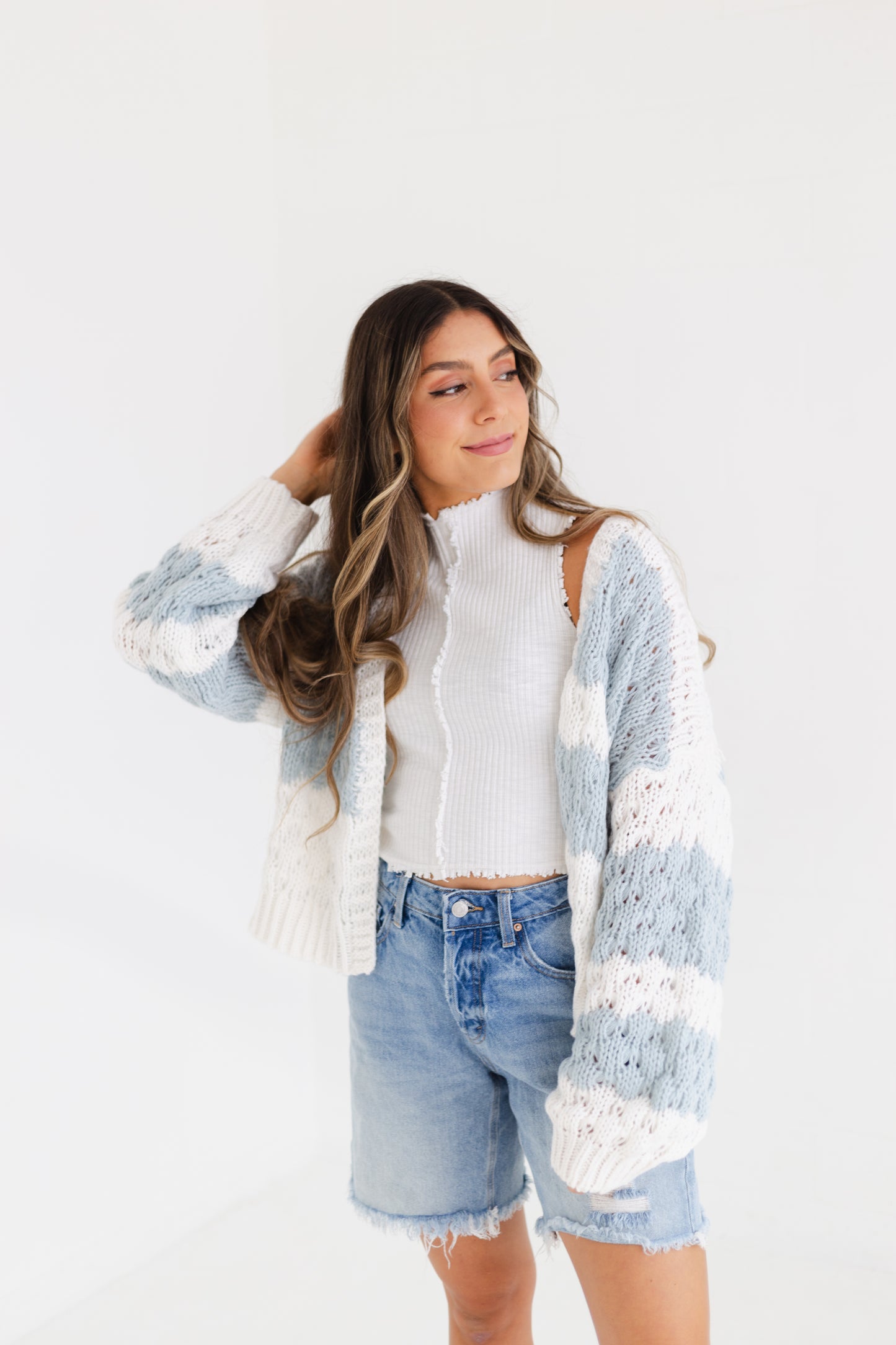 Off White & Sage Textured Striped Sweater Cardigan
