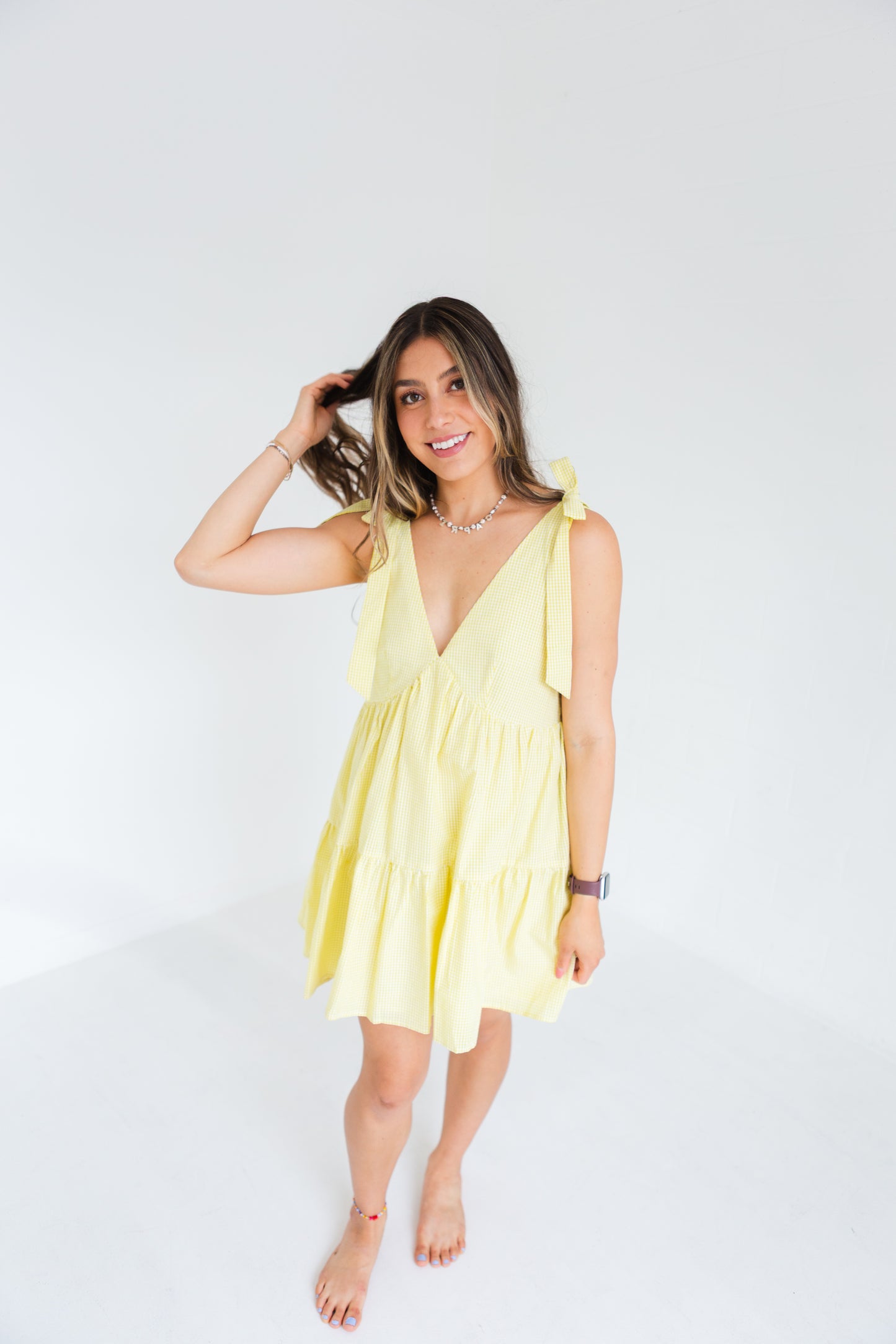 Yellow & White Gingham Tie Shoulder Strap Tiered Gingham Mini Dress
