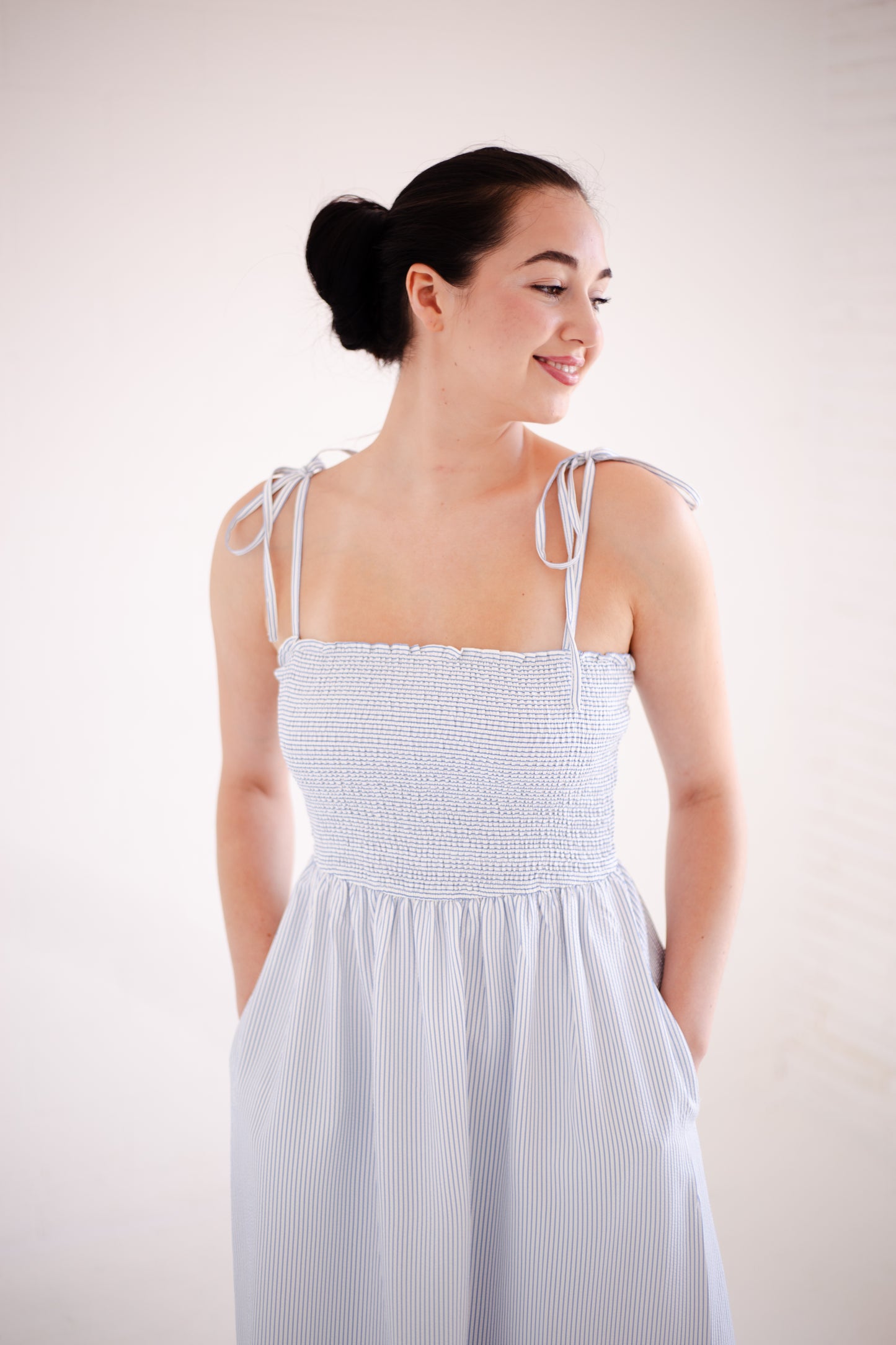 Blue & White Striped Self Tie Shoulder Straps Maxi Dress