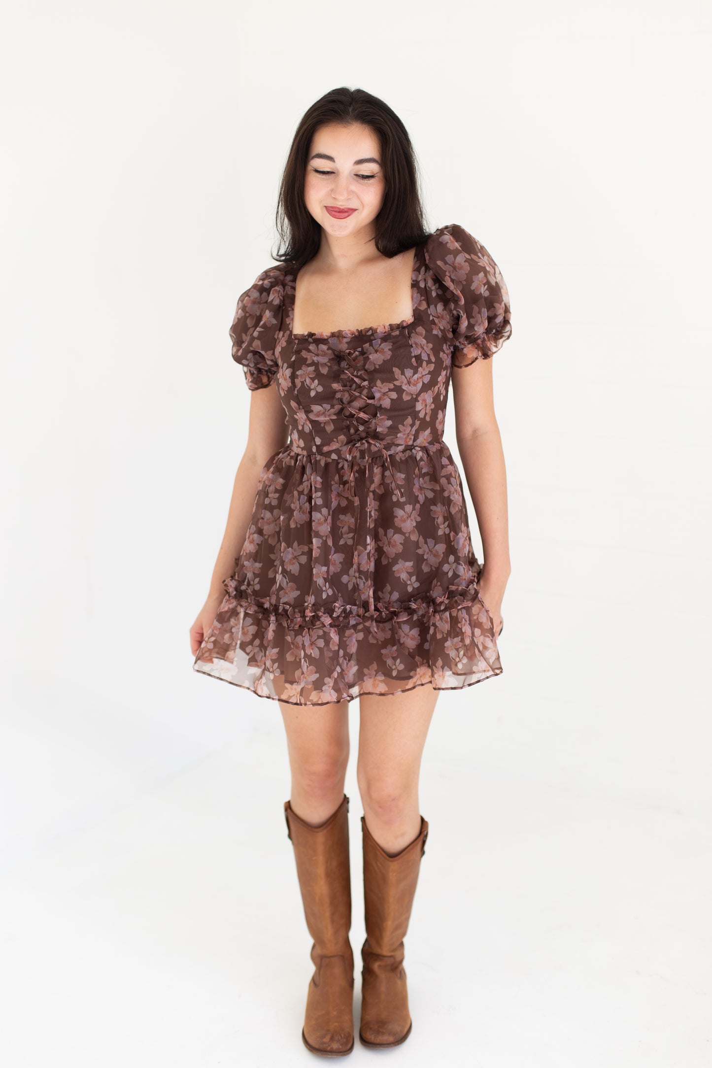 Brown Floral A Line Mini Dress