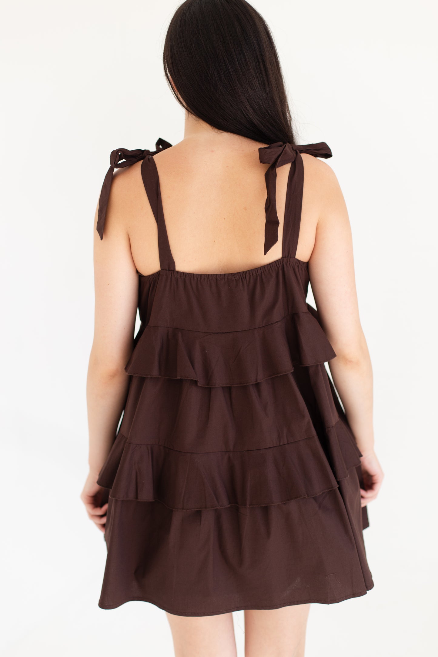 Dark Brown Ruffle Detail Flowing Sleeveless Mini Dress