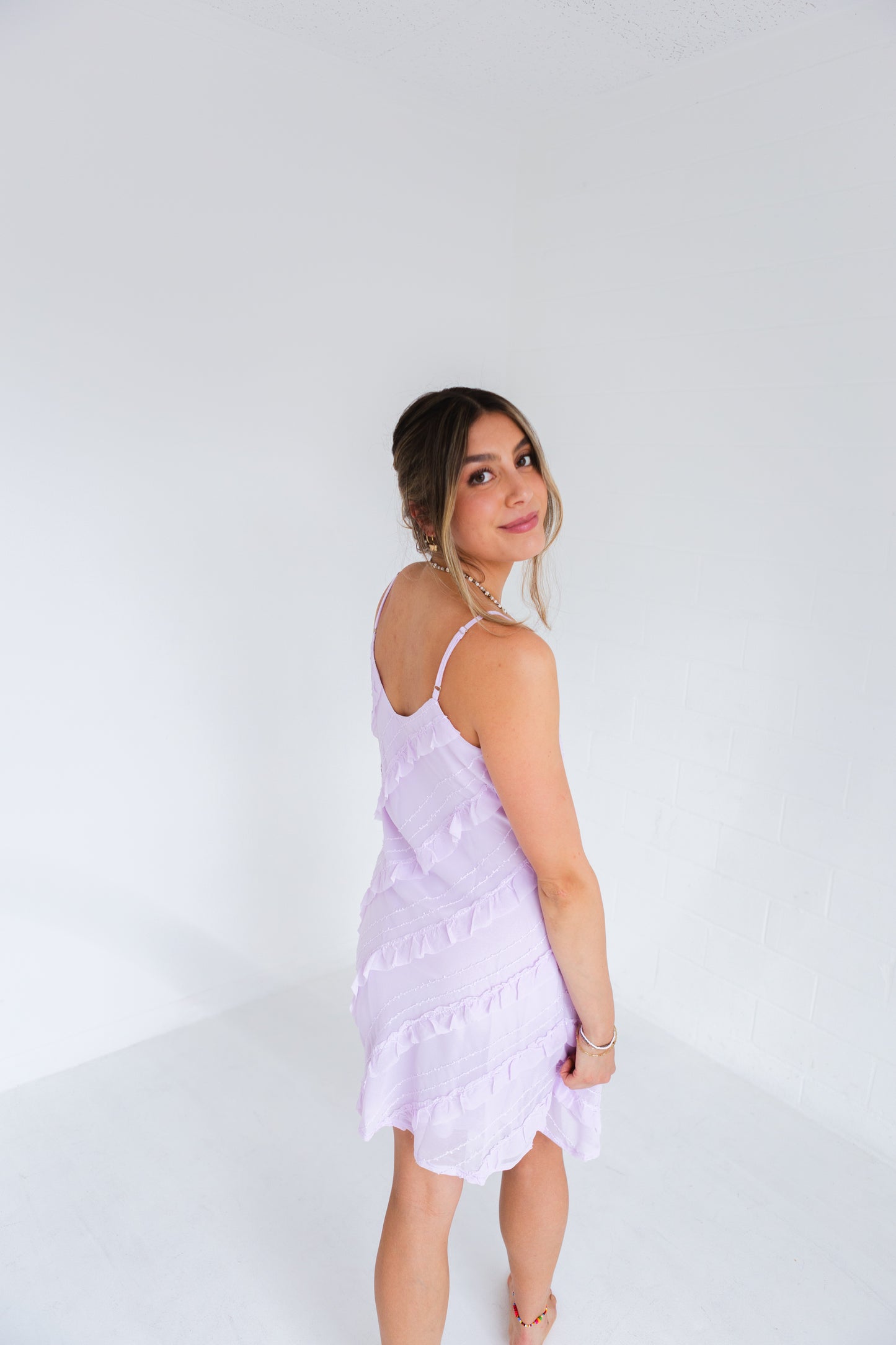 Pale Lilac Textured Bias Cut Ruffled Mini Dress