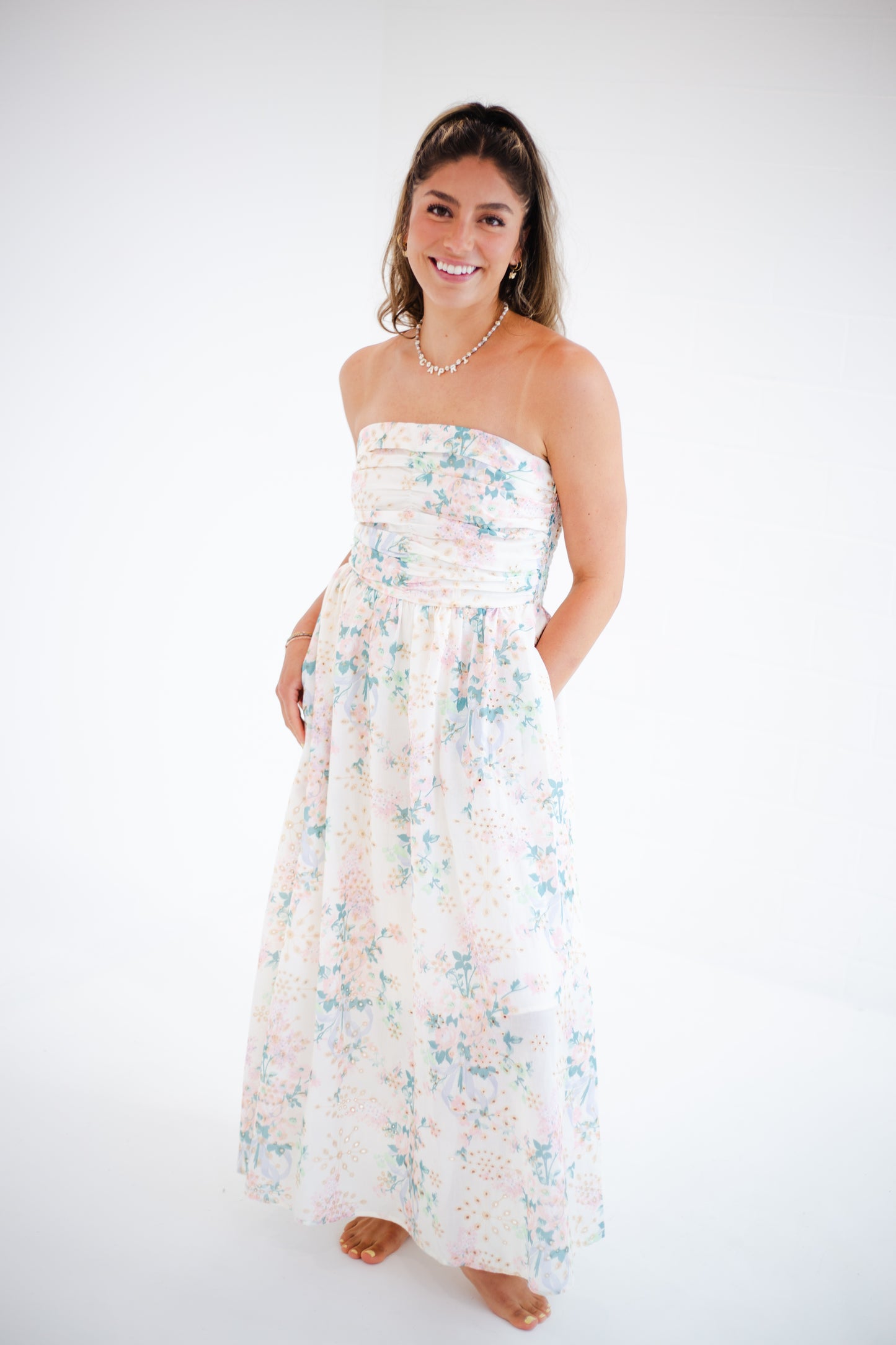 Spring Bloom Floral Lace Runched Maxi Tube Dress