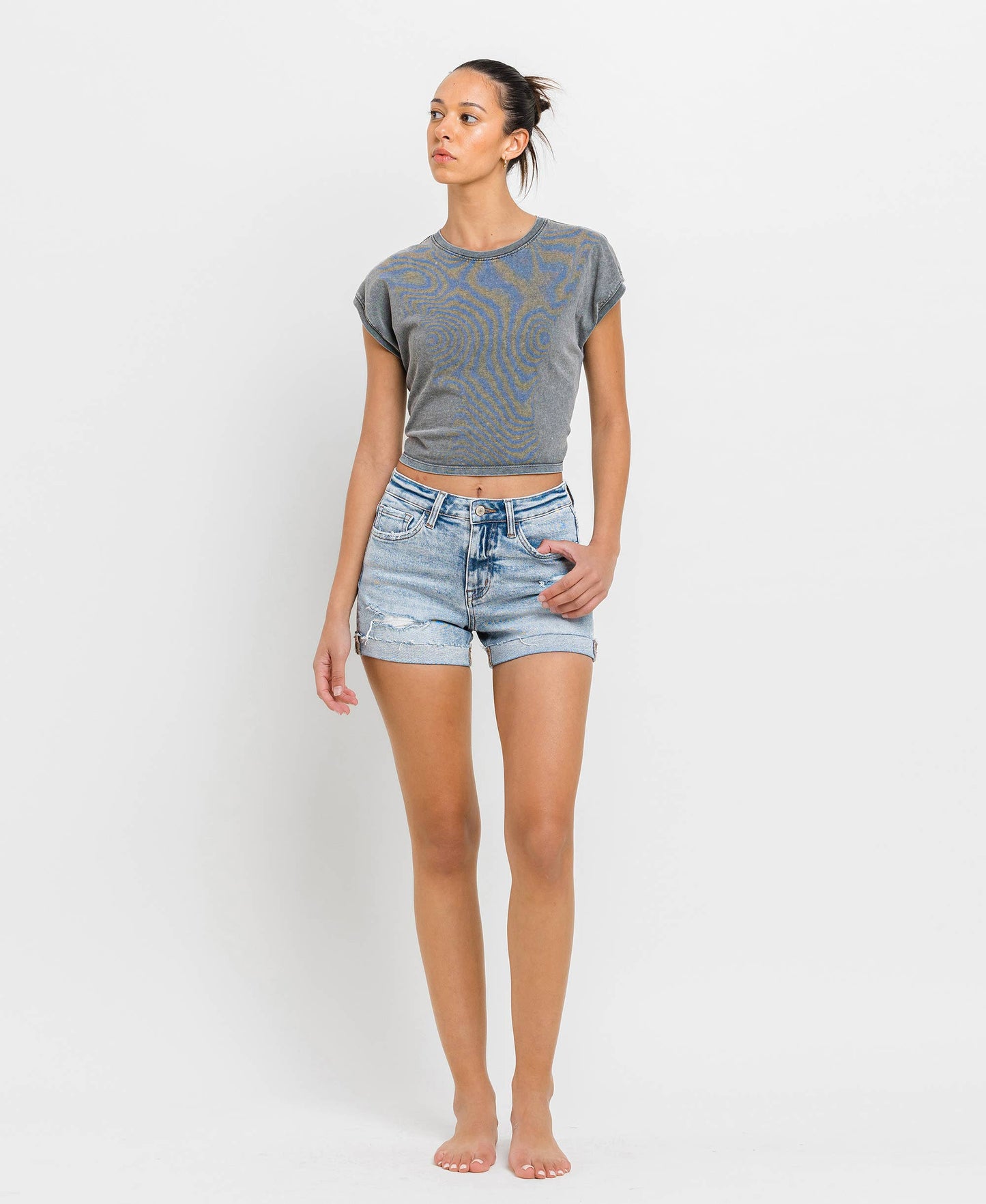 High Rise Single Cuff Denim Shorts
