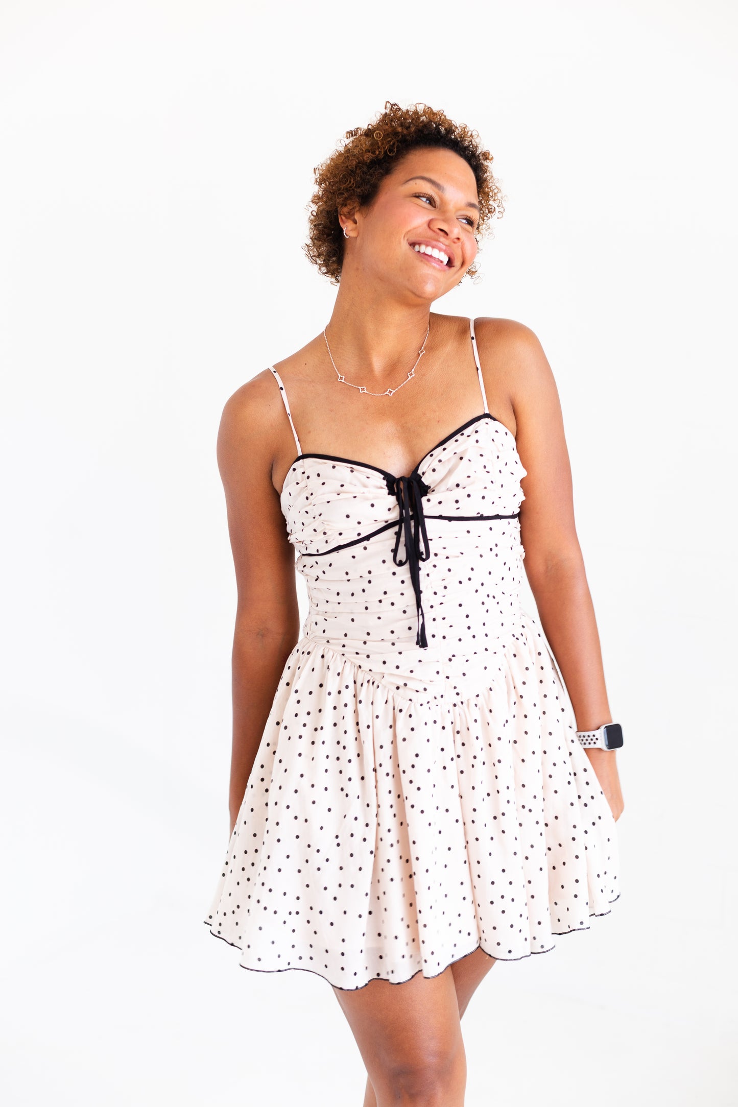 Beige Contrast Dot Smocked Mini Dress with Tie Front