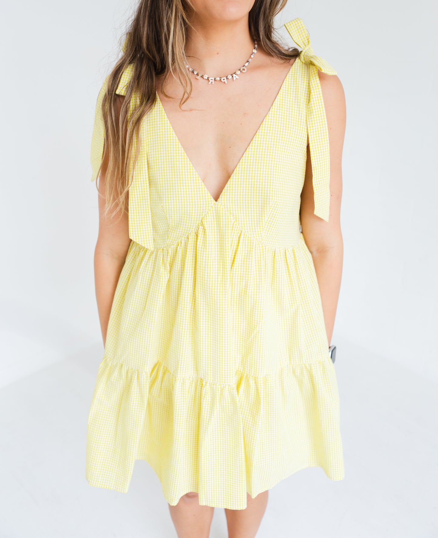 Yellow & White Gingham Tie Shoulder Strap Tiered Gingham Mini Dress