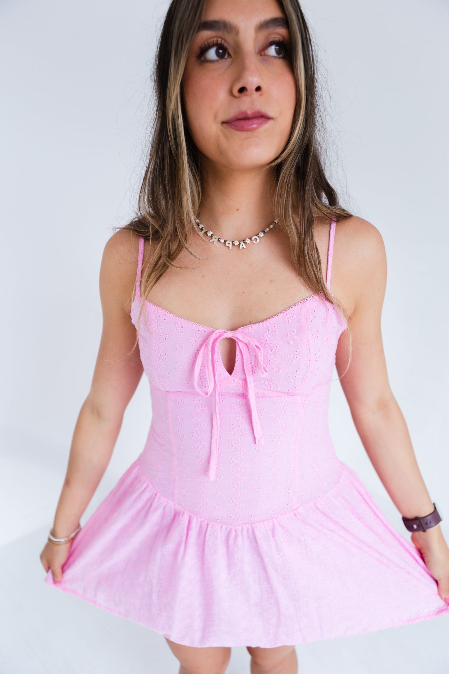 Pink Drop Waist Lace Trim Detail Mini Dress
