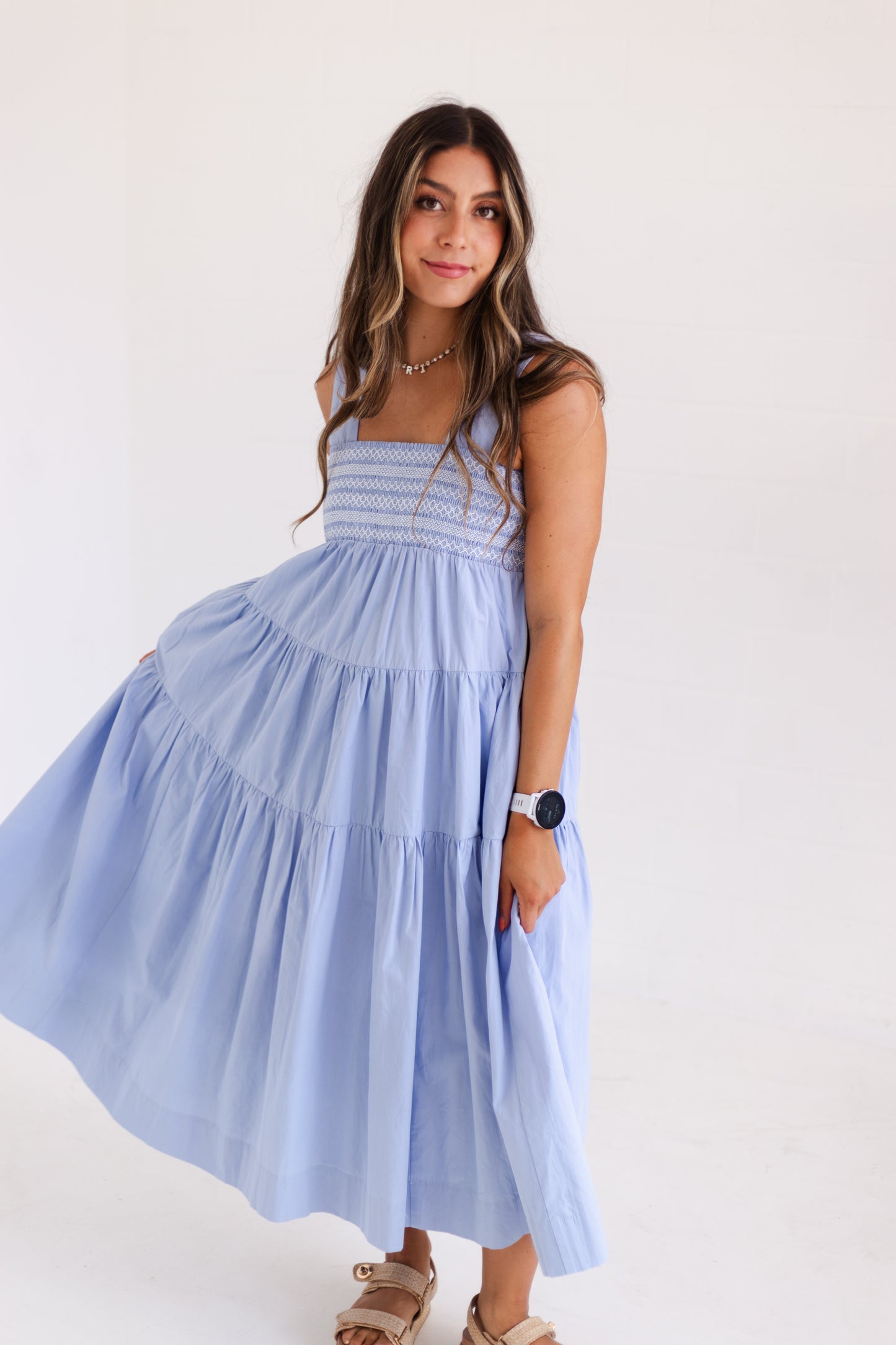 Cloud White Embrodiered Tiered Midi Dress
