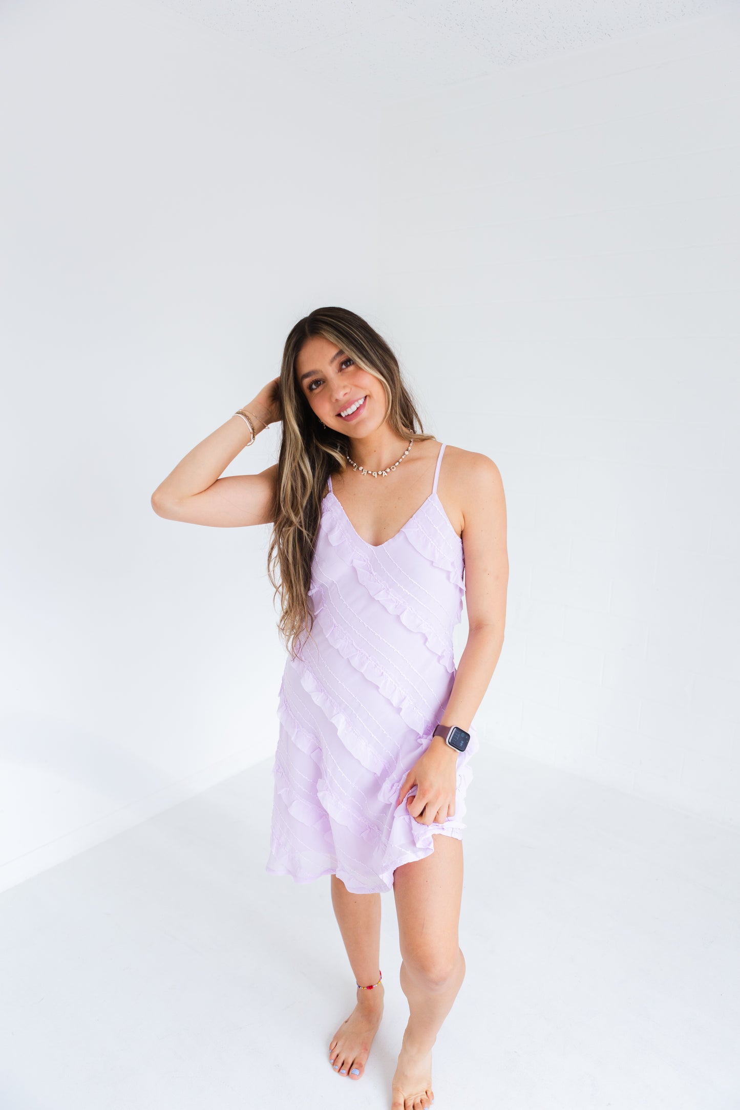 Pale Lilac Textured Bias Cut Ruffled Mini Dress