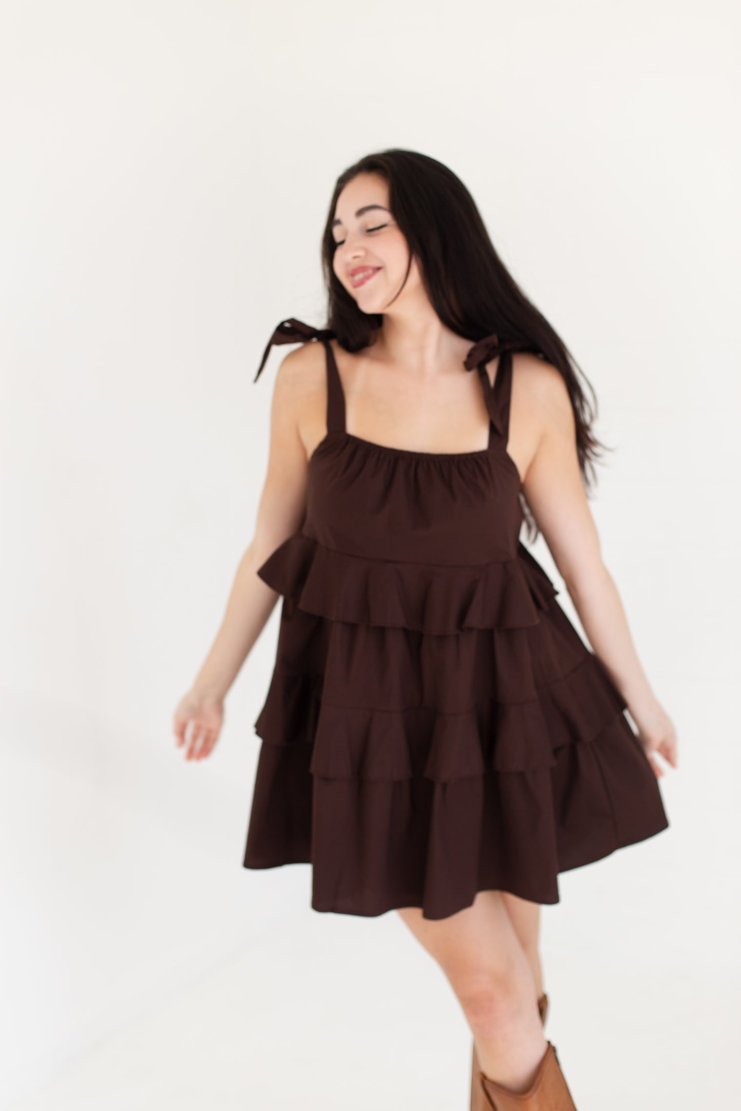 Dark Brown Ruffle Detail Flowing Sleeveless Mini Dress