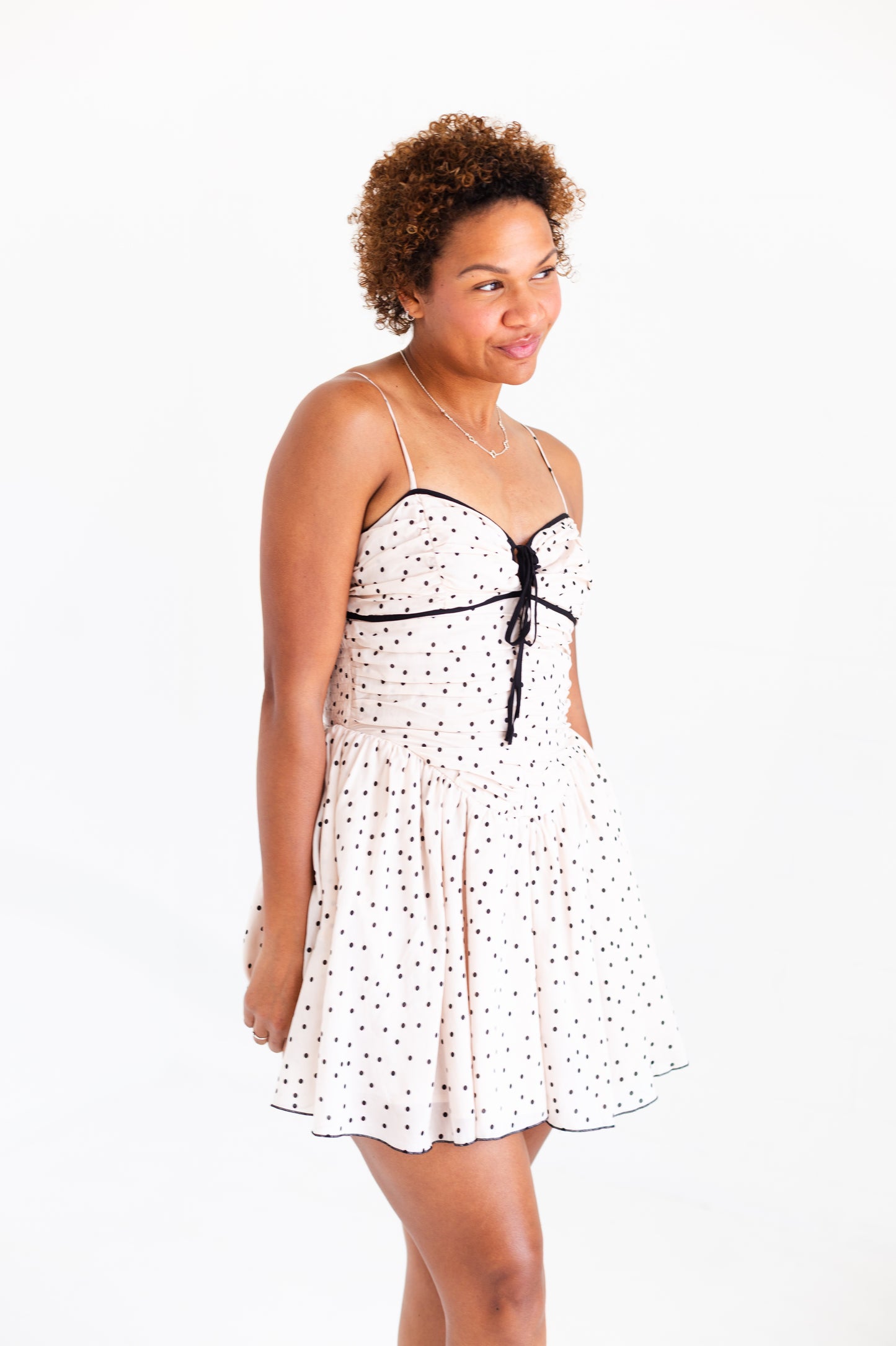 Beige Contrast Dot Smocked Mini Dress with Tie Front