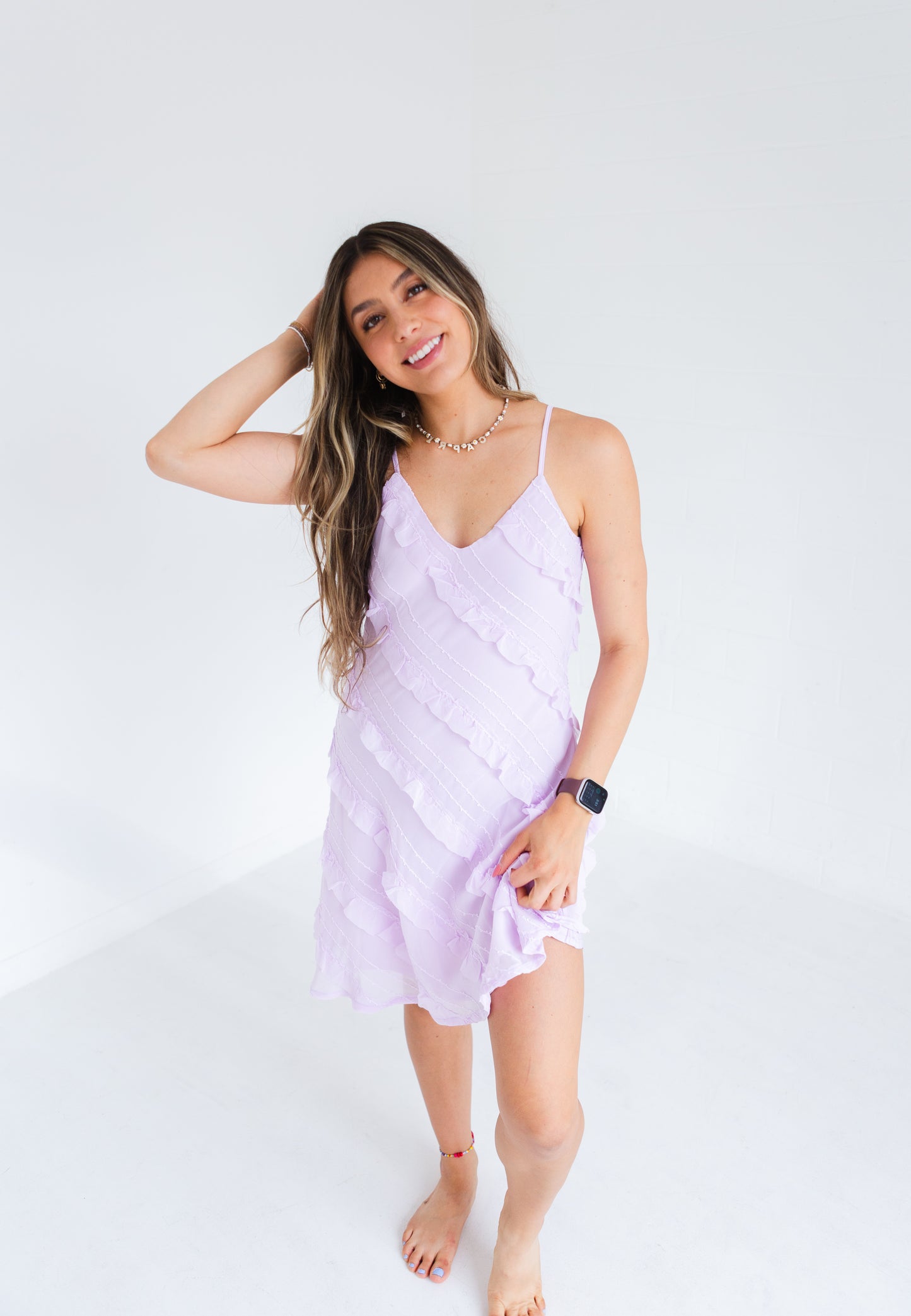 Pale Lilac Textured Bias Cut Ruffled Mini Dress