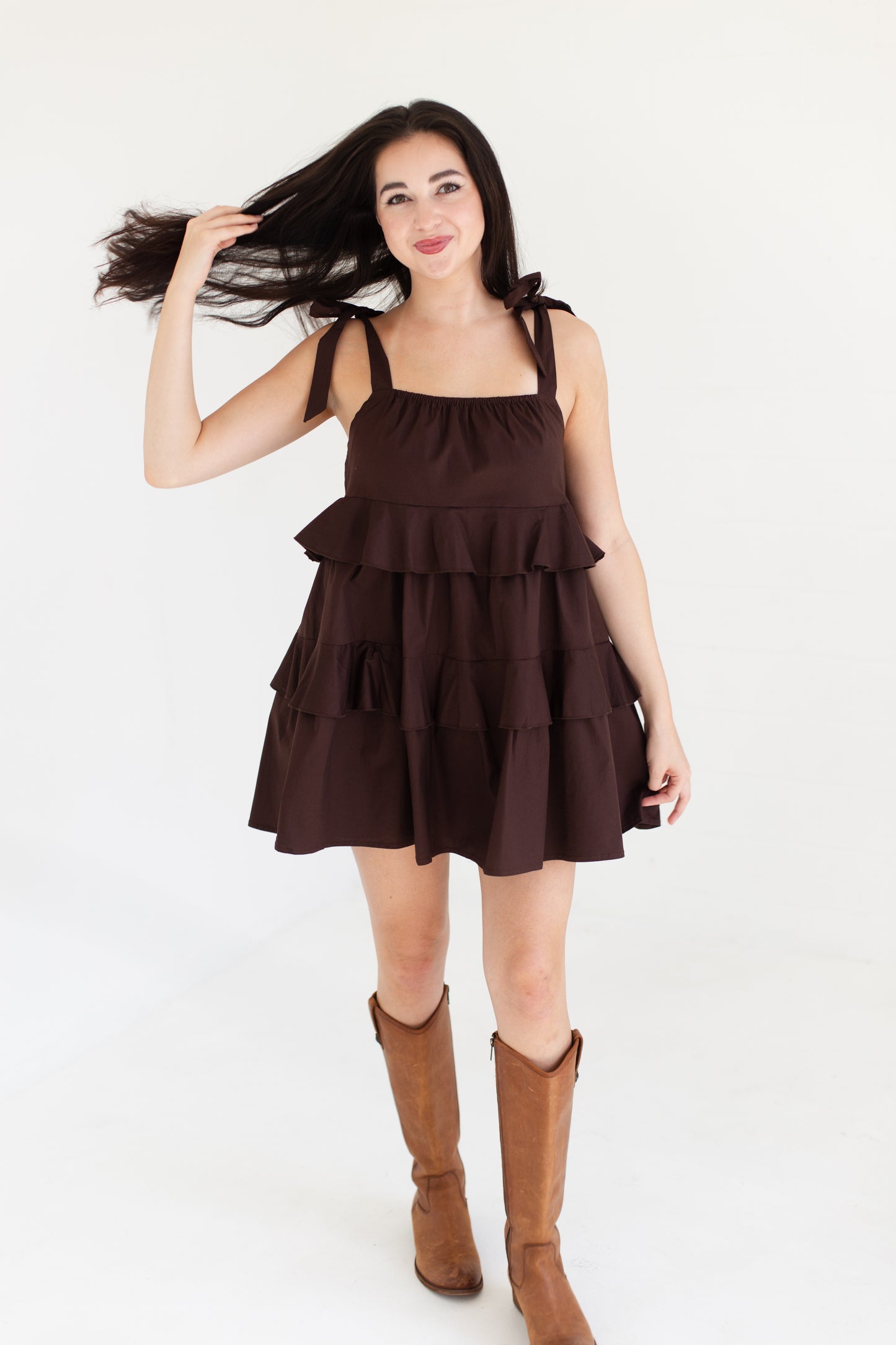 Dark Brown Ruffle Detail Flowing Sleeveless Mini Dress