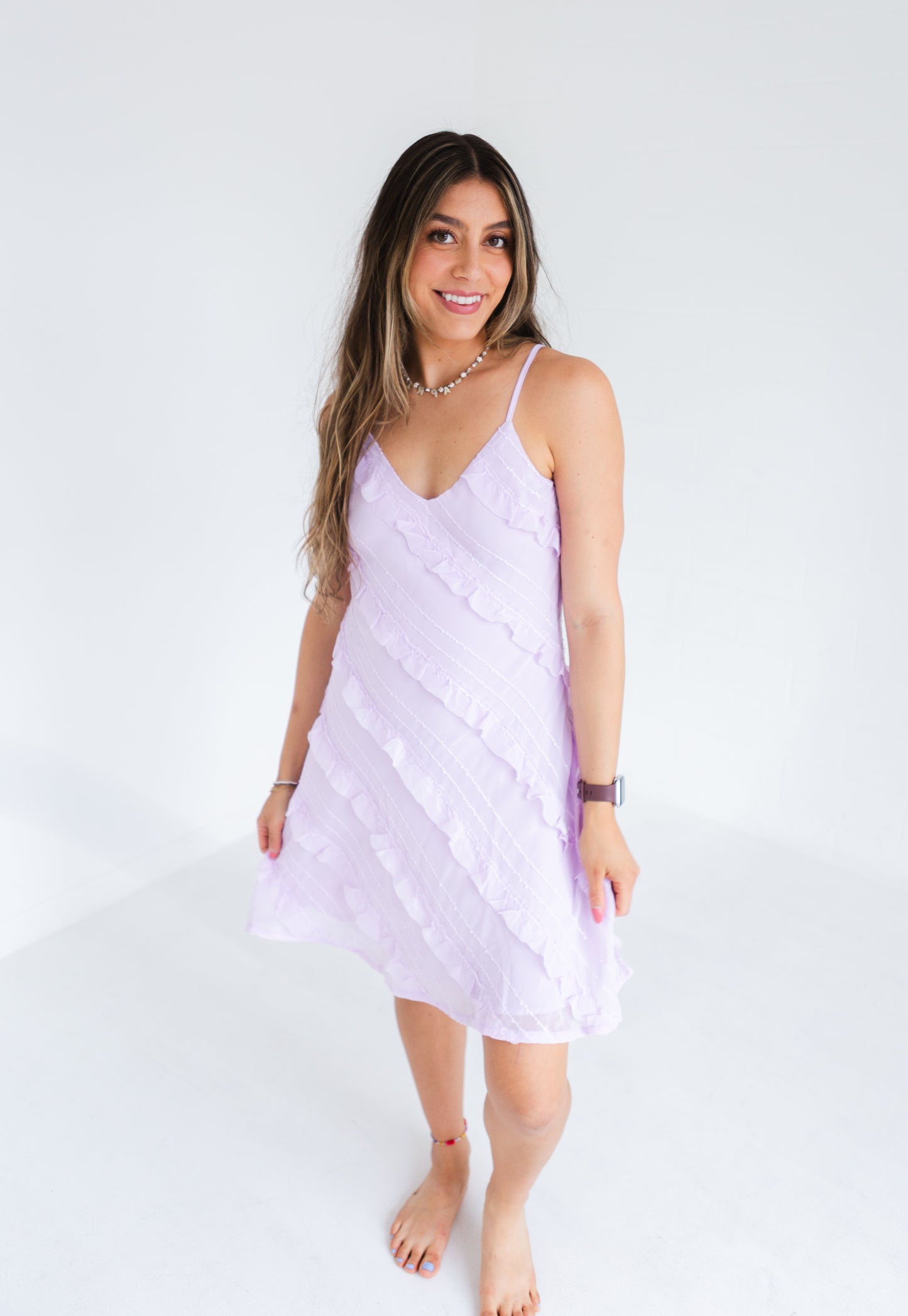 Pale Lilac Textured Bias Cut Ruffled Mini Dress
