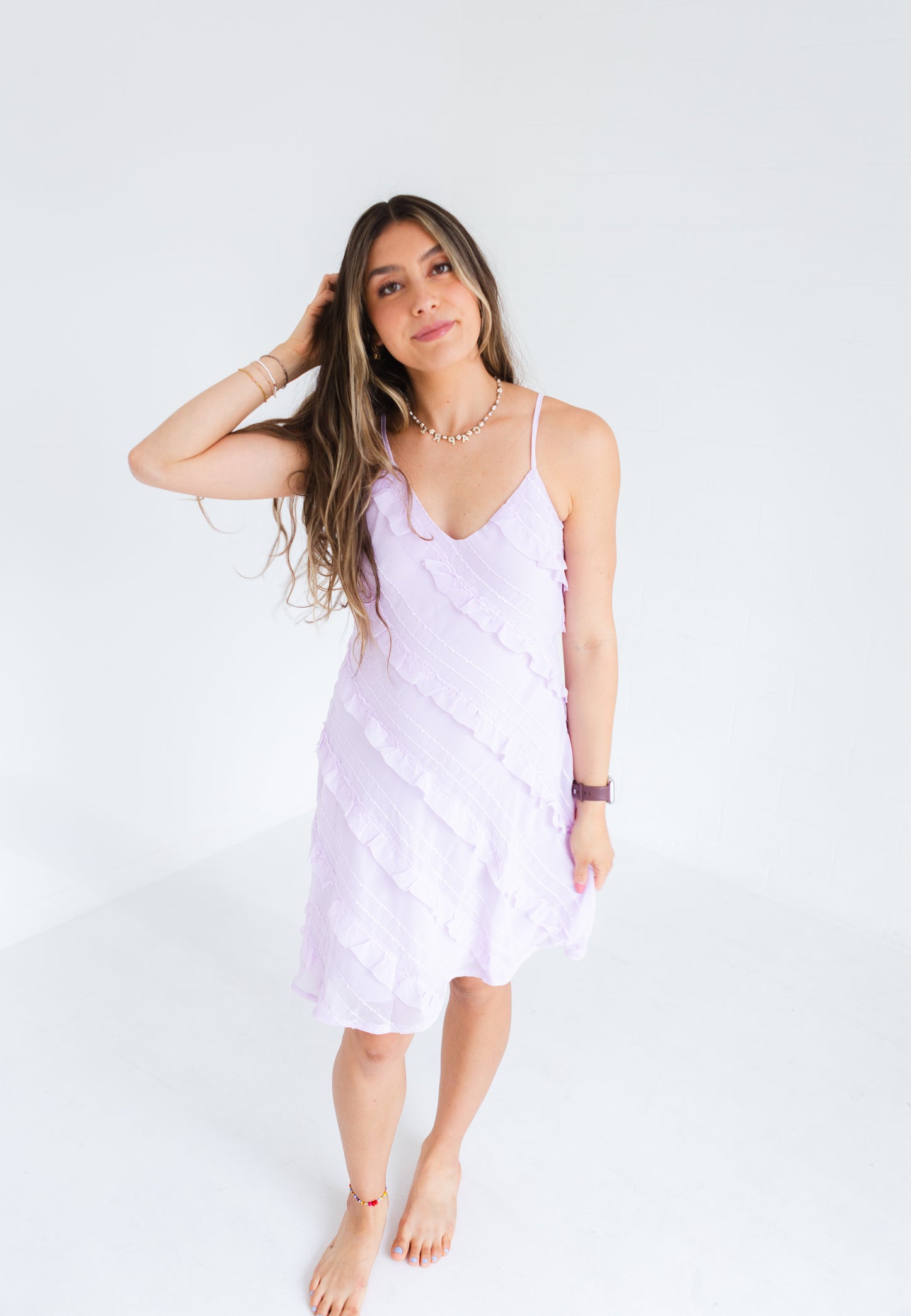 Pale Lilac Textured Bias Cut Ruffled Mini Dress