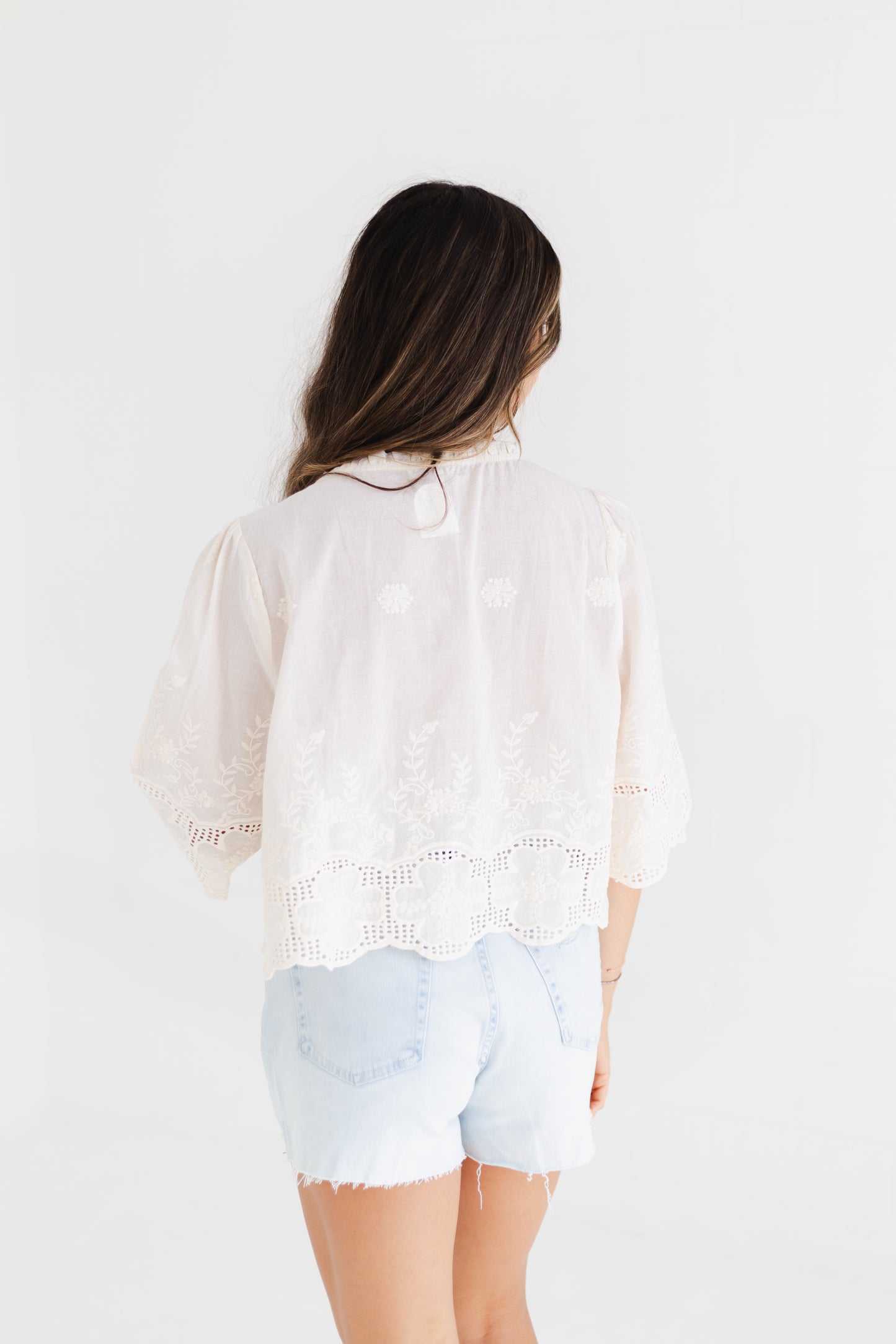 Ivory Floral Embroidery Tie Front Blouse