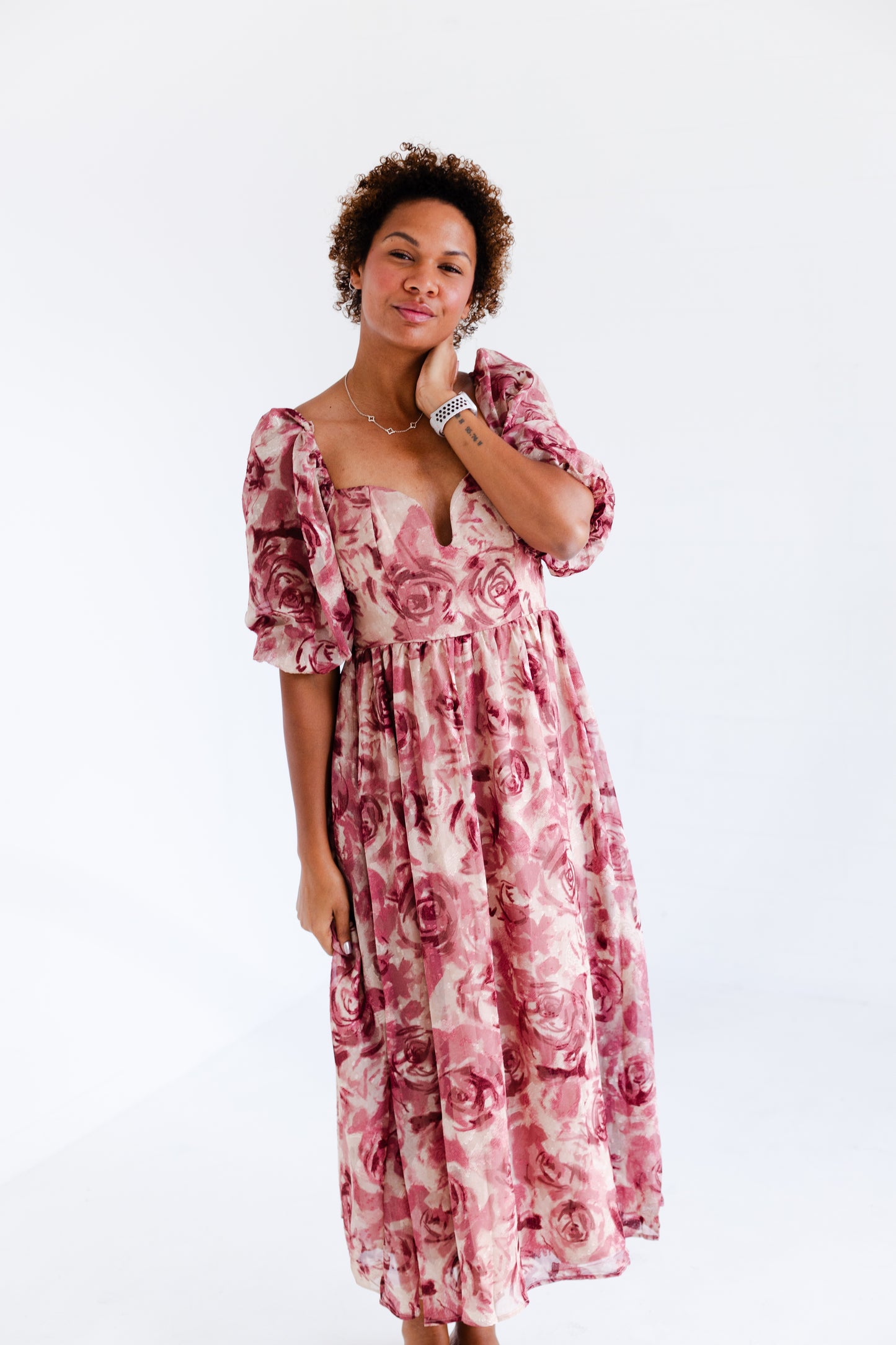 Beige Mauve Floral Textured Jacquared Midi Dress