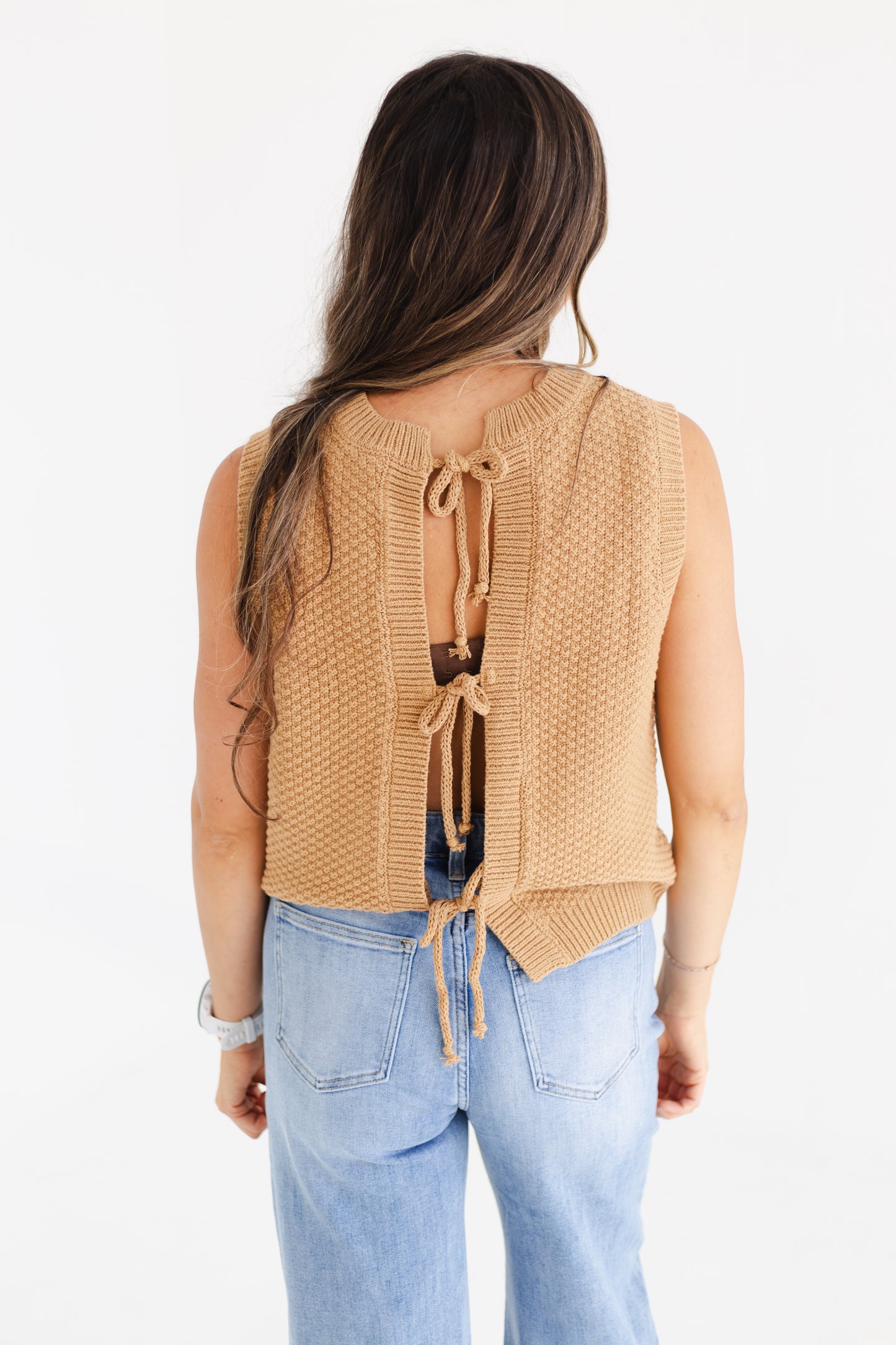 Caramel Textured Self Back Ties Sweater Vest