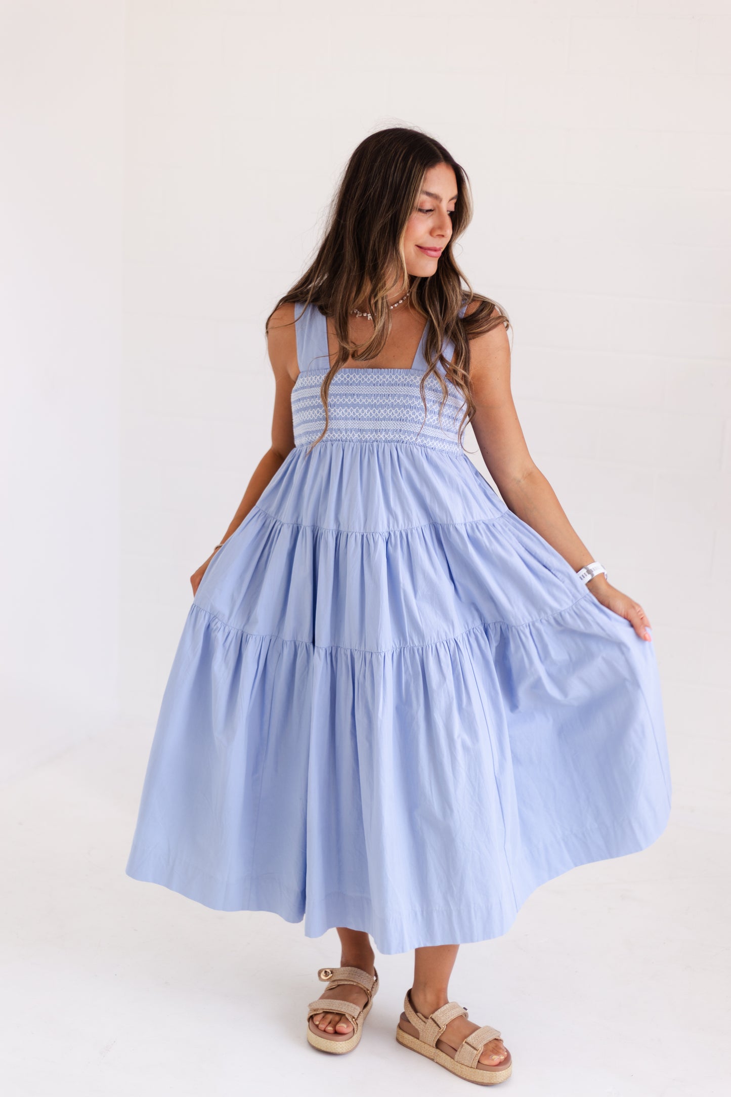 Cloud White Embrodiered Tiered Midi Dress