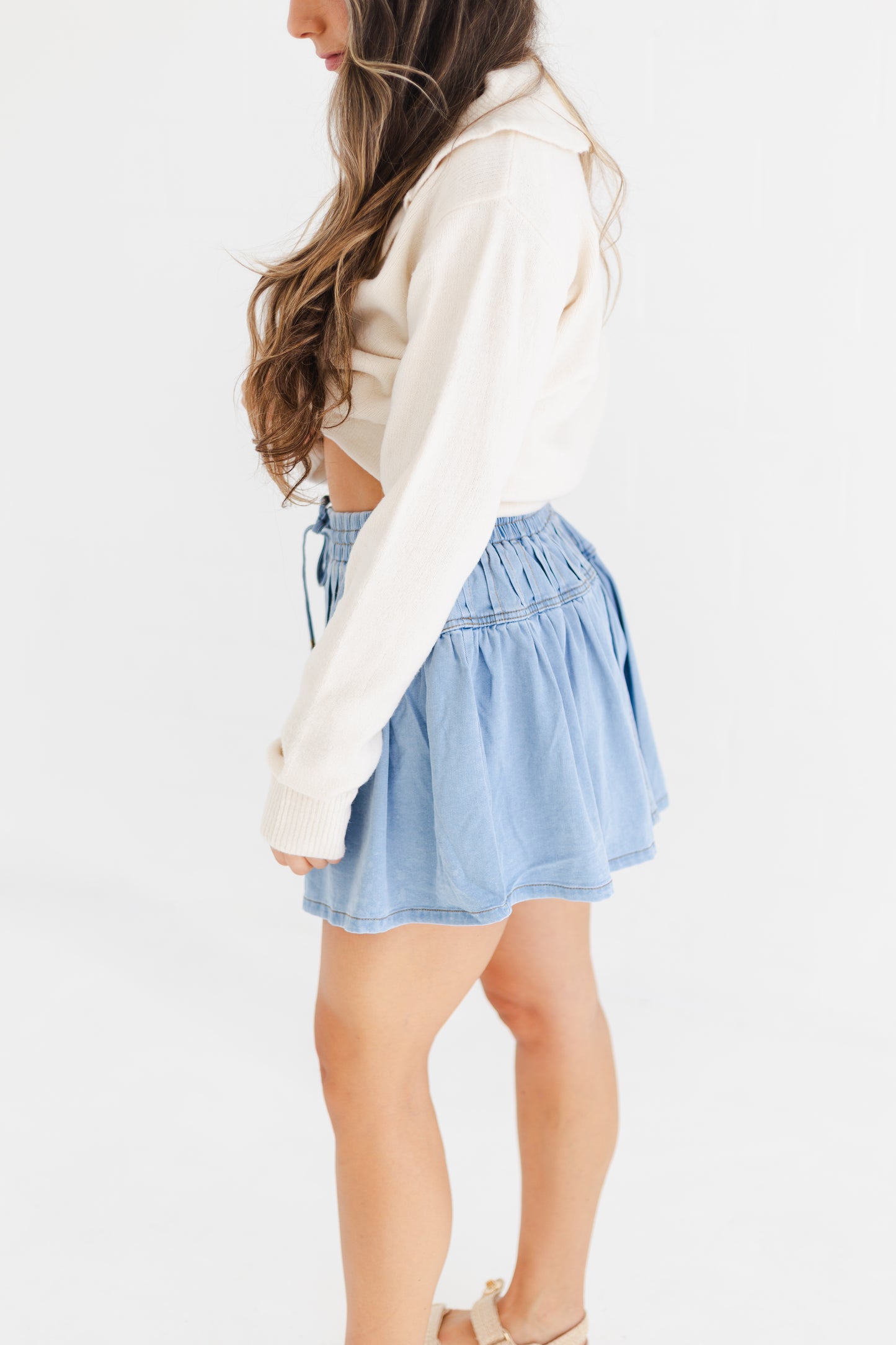 Light Denim Stretch Soft Denim Pintuck Detail Flare Mini Skirt
