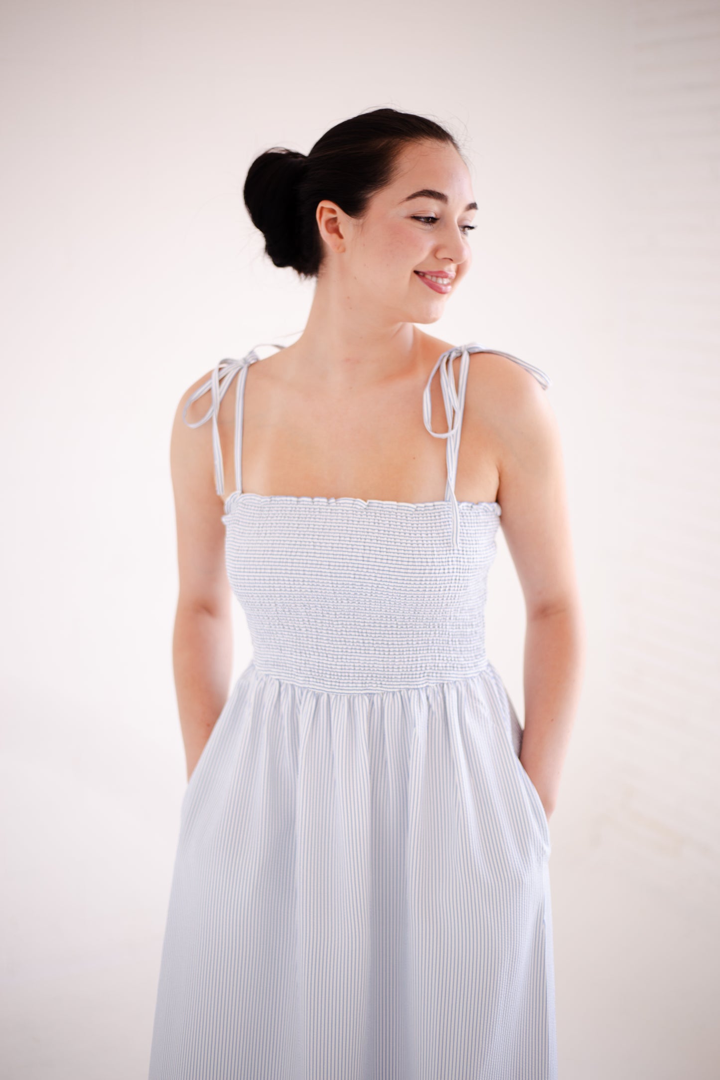 Blue & White Striped Self Tie Shoulder Straps Maxi Dress