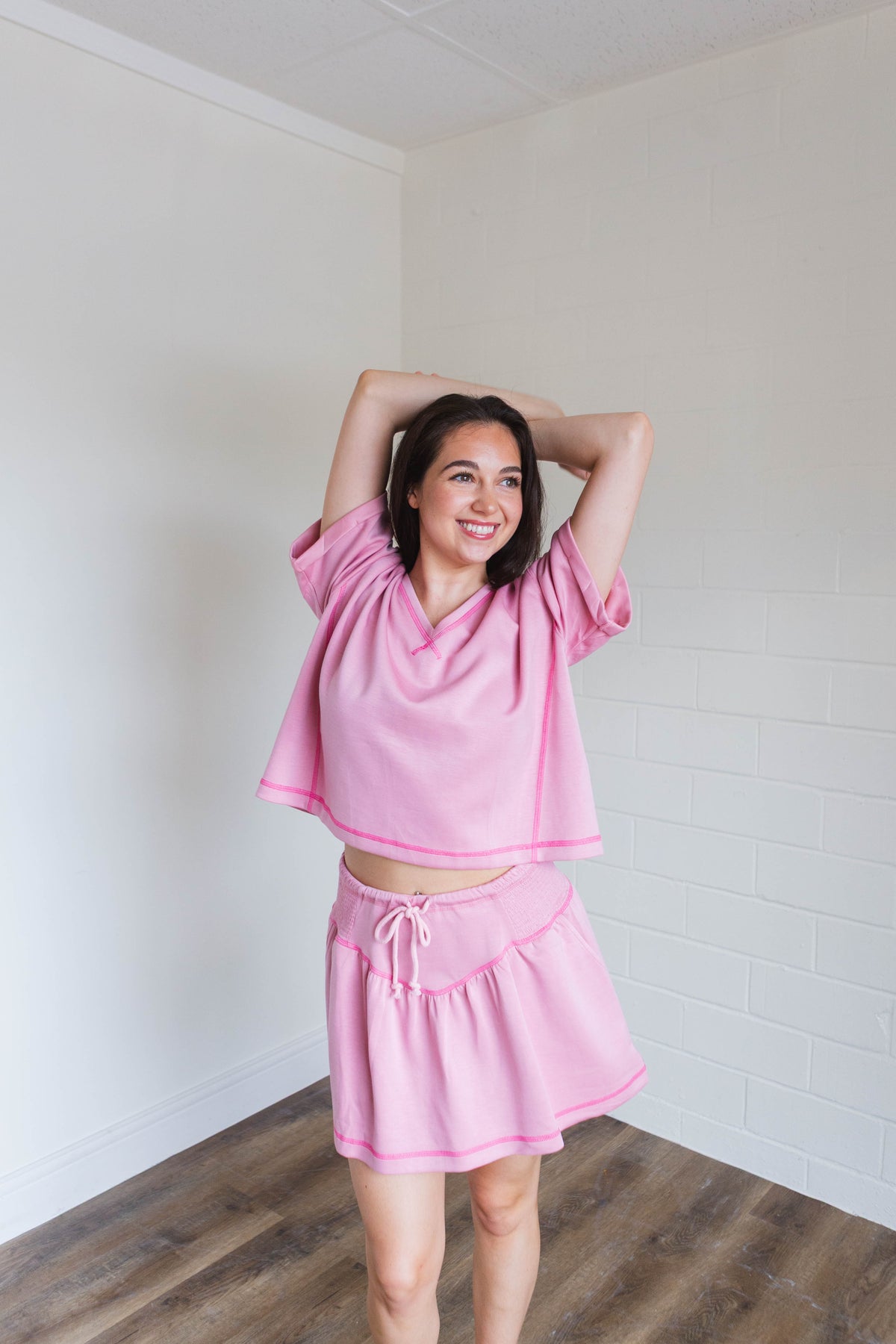 Soft Knit V-Neck Short Sleeve Set in Light Pink