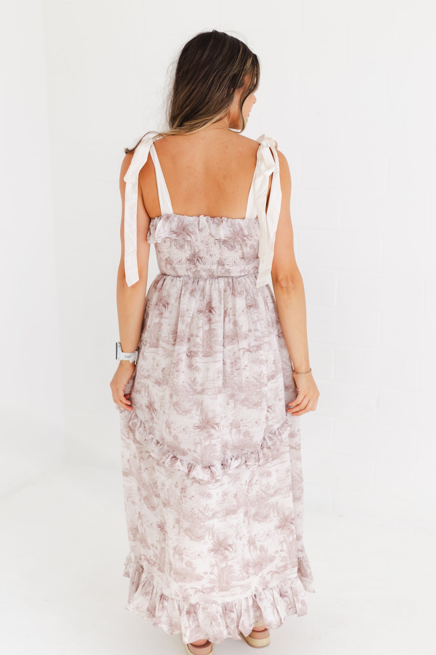 Brown Printed Linen Contrast Shoulder Strap Midi Dress