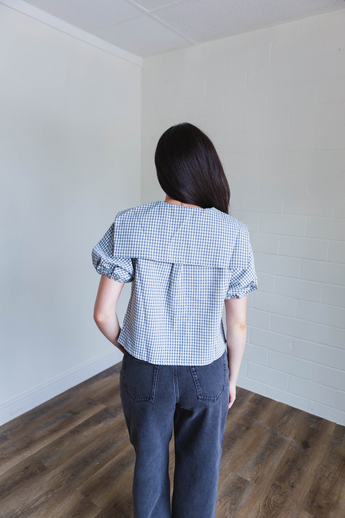 Blue Gingham Patterned Bow Tie Top
